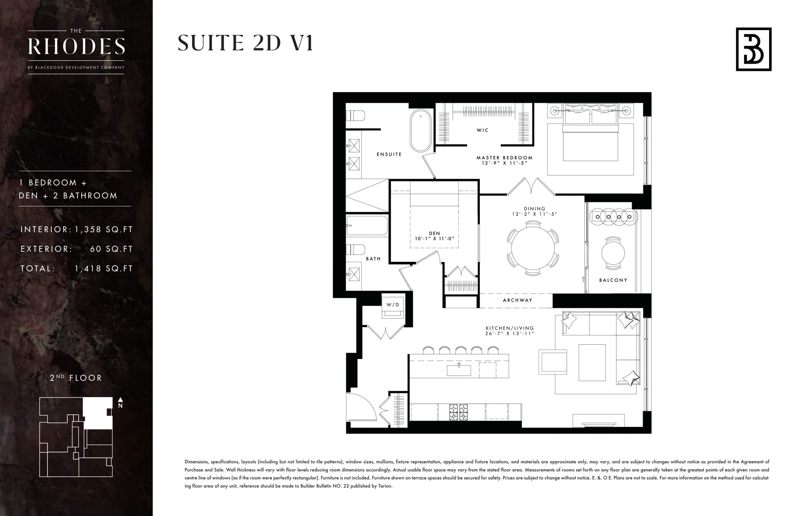 Suite 2D V1 Floor Plan at The Rhodes Condos - 1358 sq.ft