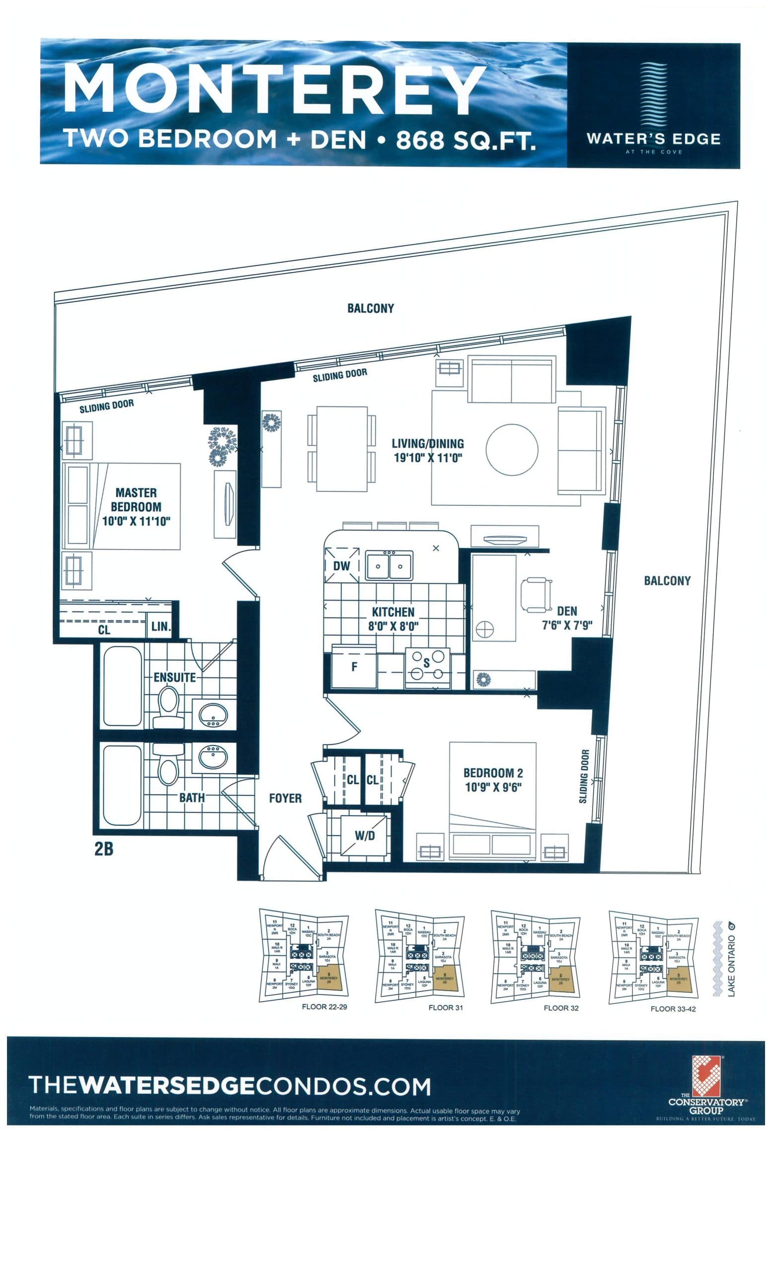 Monterey Floor Plan at Water's Edge at the Cove Condos - 868 sq.ft