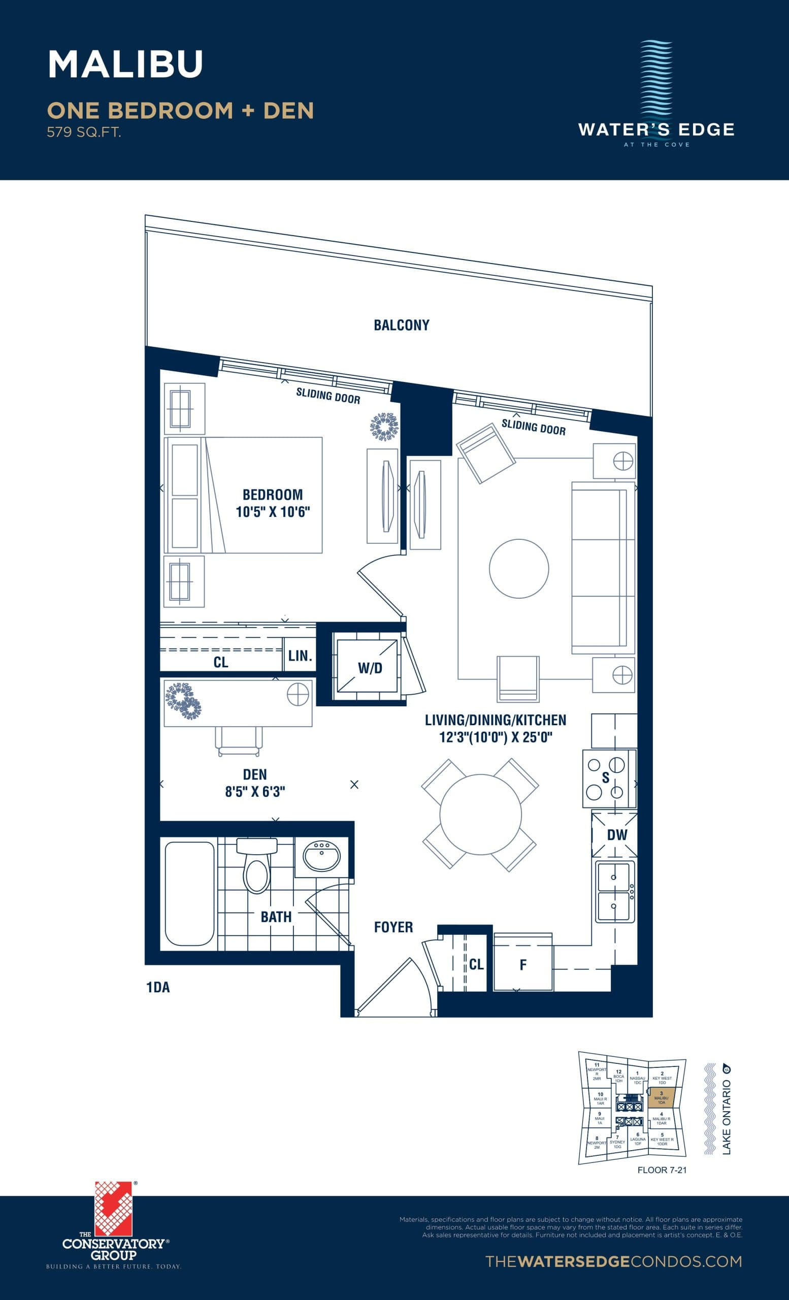 Malibu Floor Plan at Water's Edge at the Cove Condos - 579 sq.ft