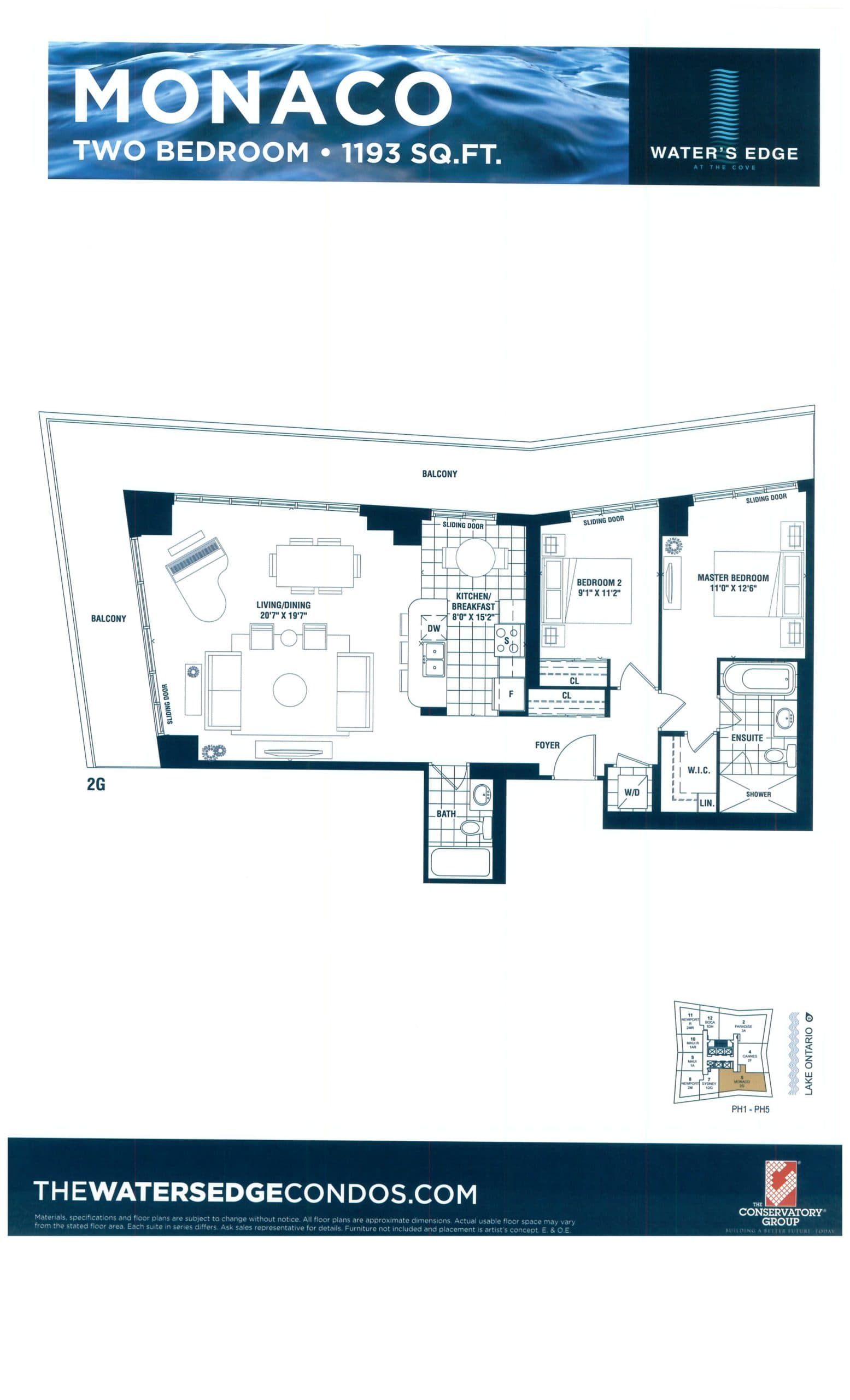 Monaco Floor Plan at Water's Edge at the Cove Condos - 1193 sq.ft