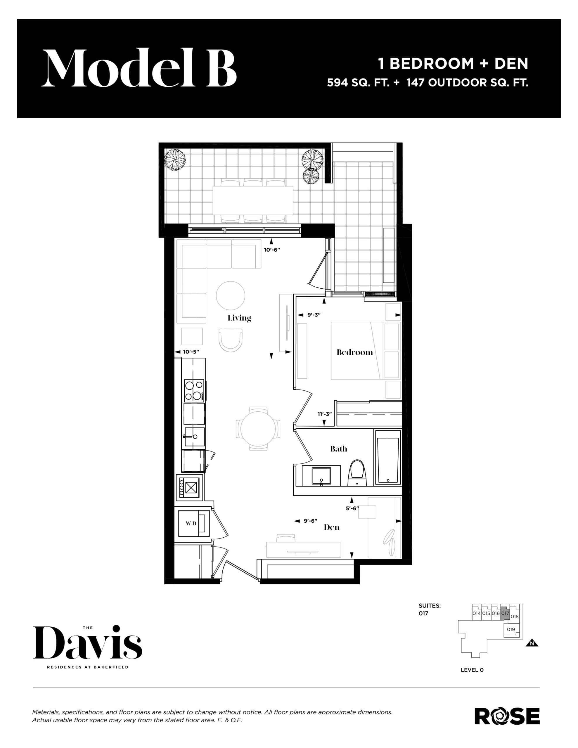 Model B Floor Plan at The Davis Residences at Bakerfield Condos - 594 sq.ft
