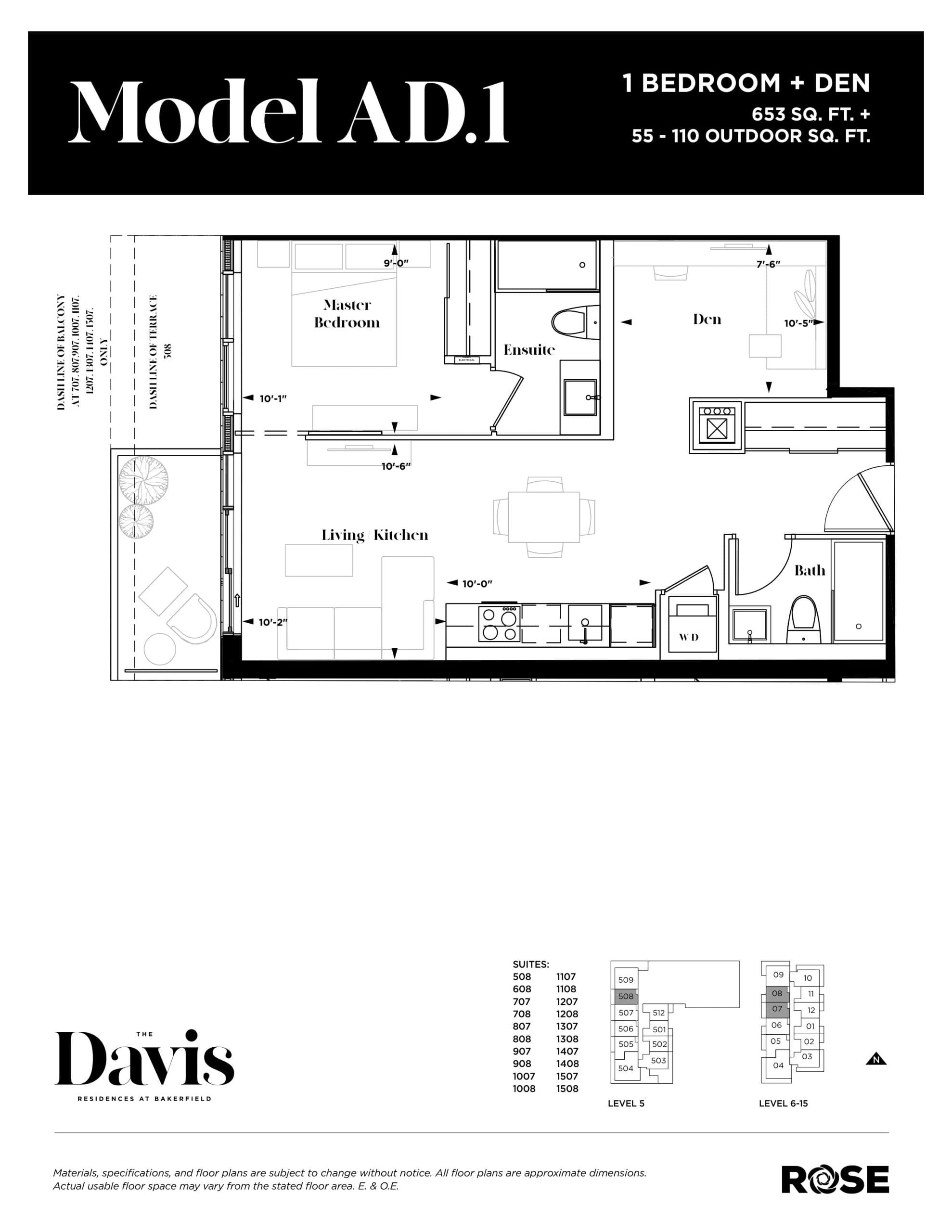 Model AD.1 Floor Plan at The Davis Residences at Bakerfield Condos - 653 sq.ft