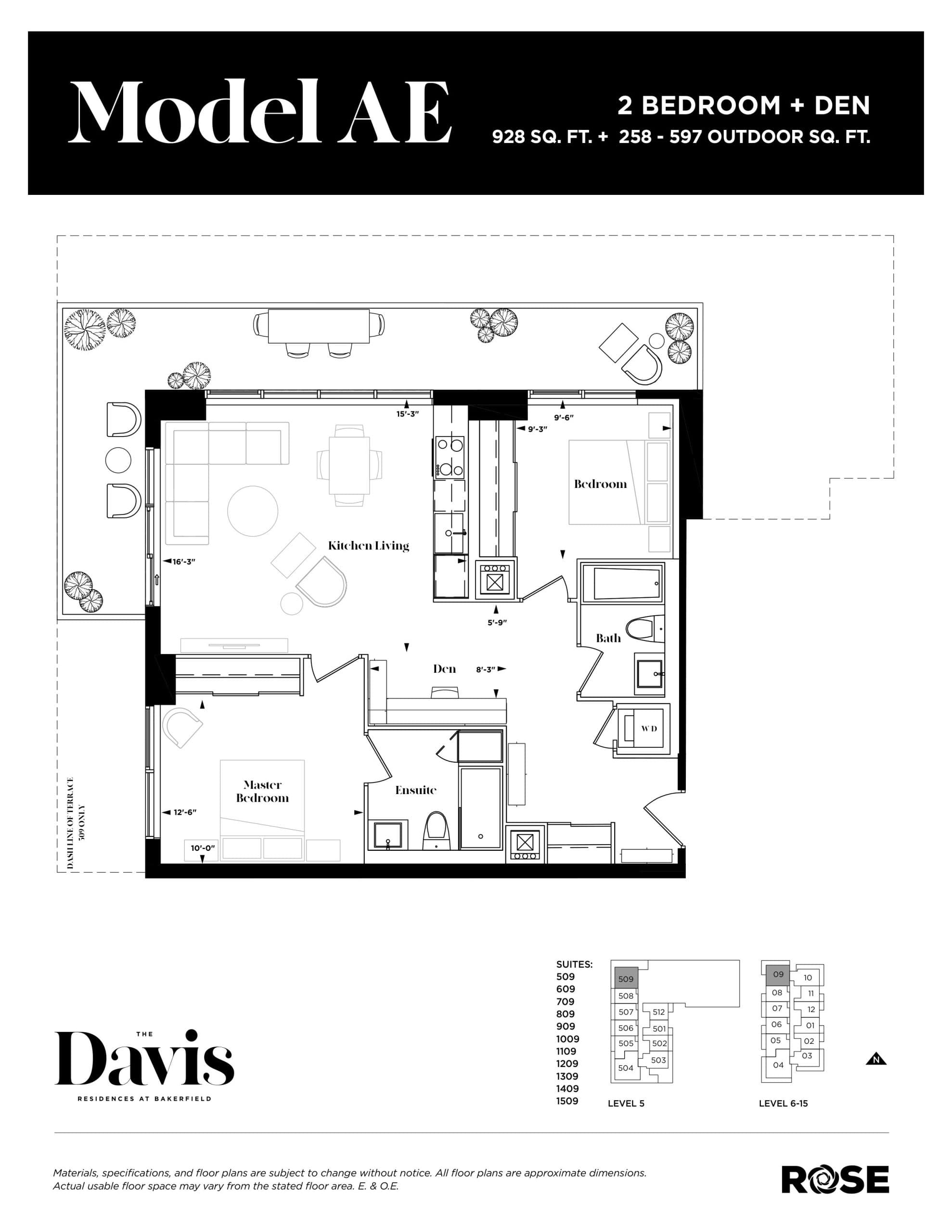 Model AE Floor Plan at The Davis Residences at Bakerfield Condos - 928 sq.ft