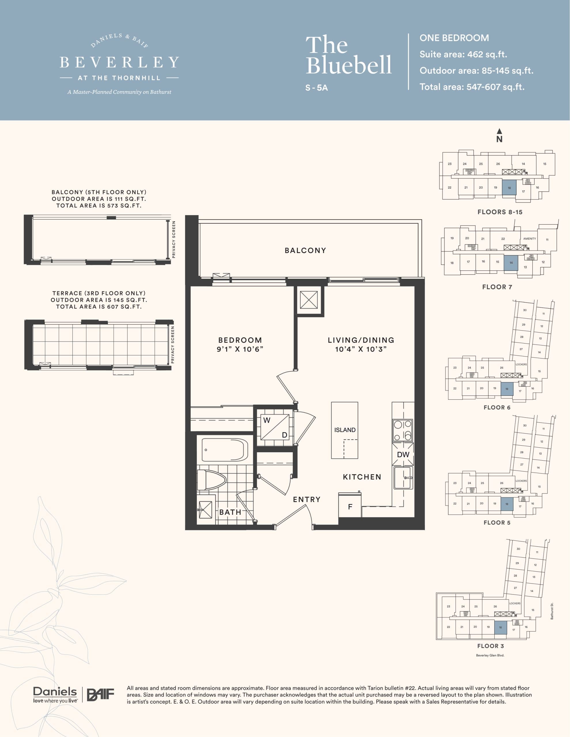 The Bluebell Floor Plan at The Beverley at the Thornhill Condos - 462 sq.ft