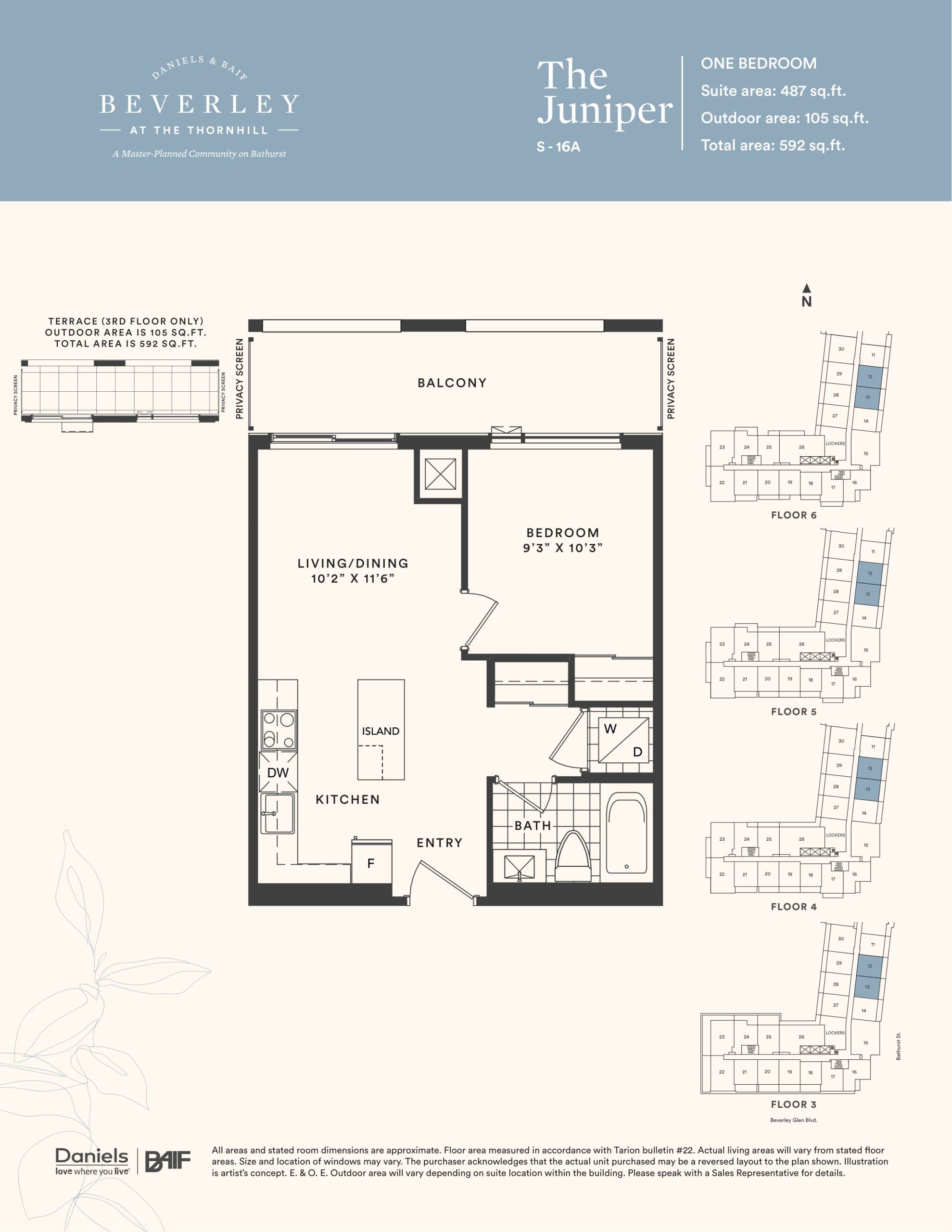 The Juniper Floor Plan at The Beverley at the Thornhill Condos - 487 sq.ft