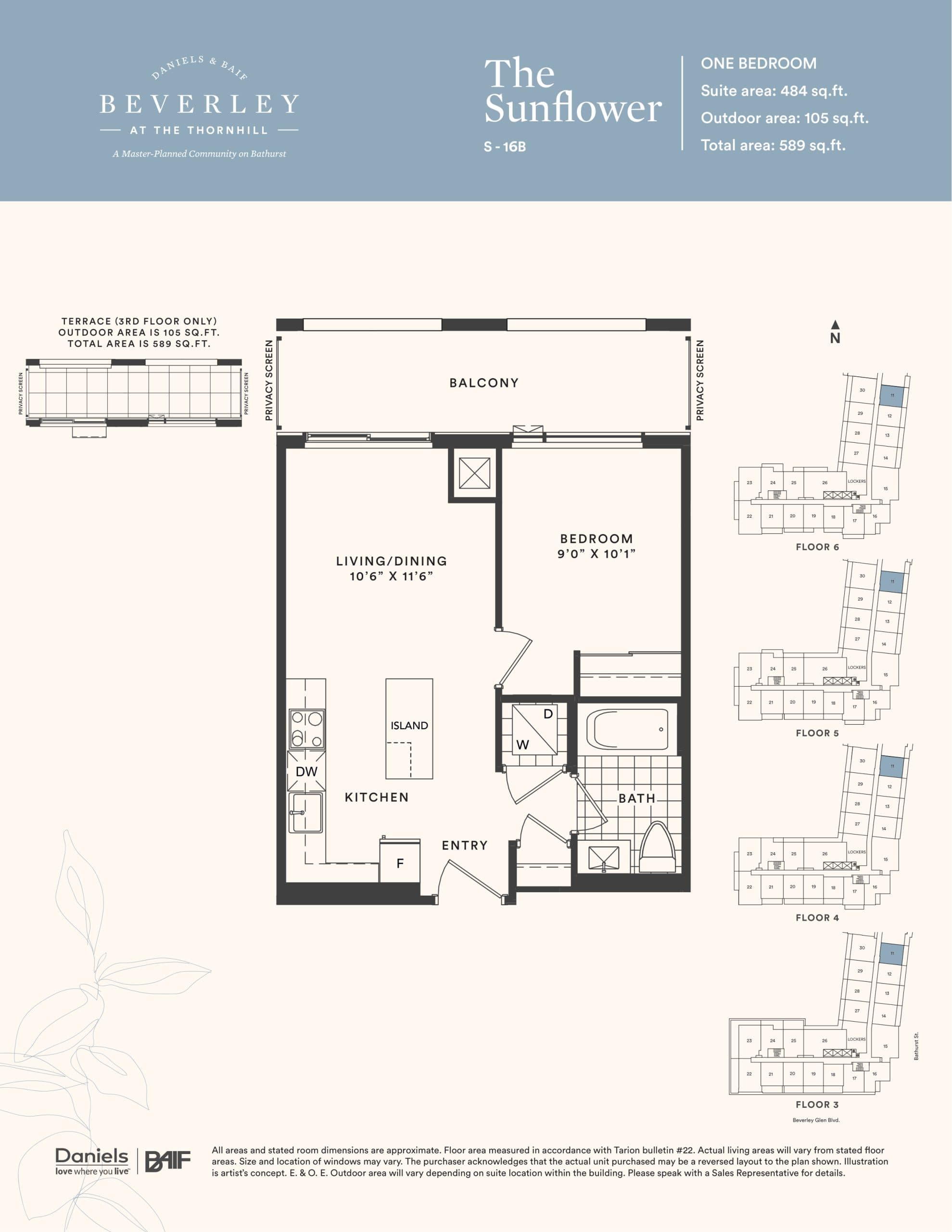 The Sunflower Floor Plan at The Beverley at the Thornhill Condos - 484 sq.ft