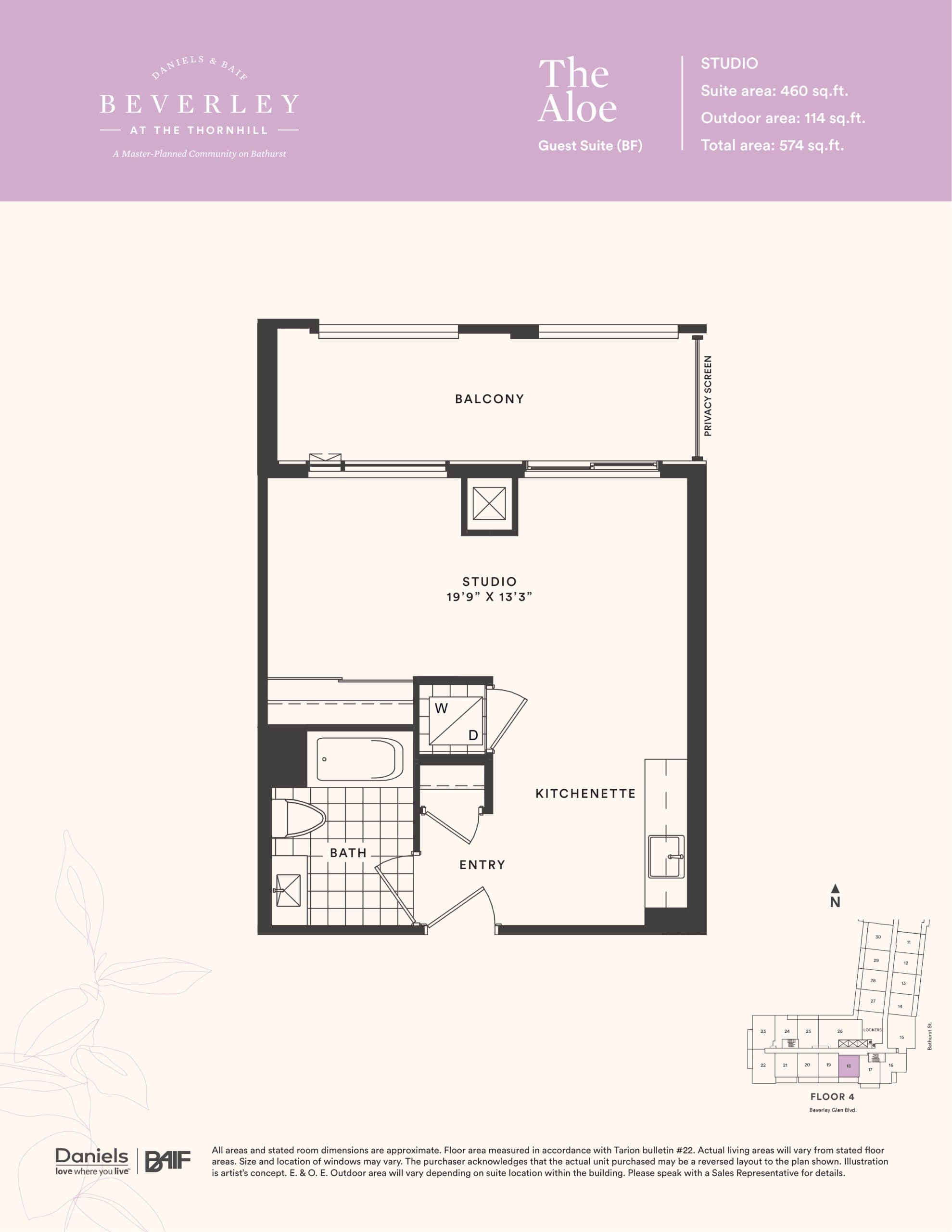 The Aloe Floor Plan at The Beverley at the Thornhill Condos - 460 sq.ft