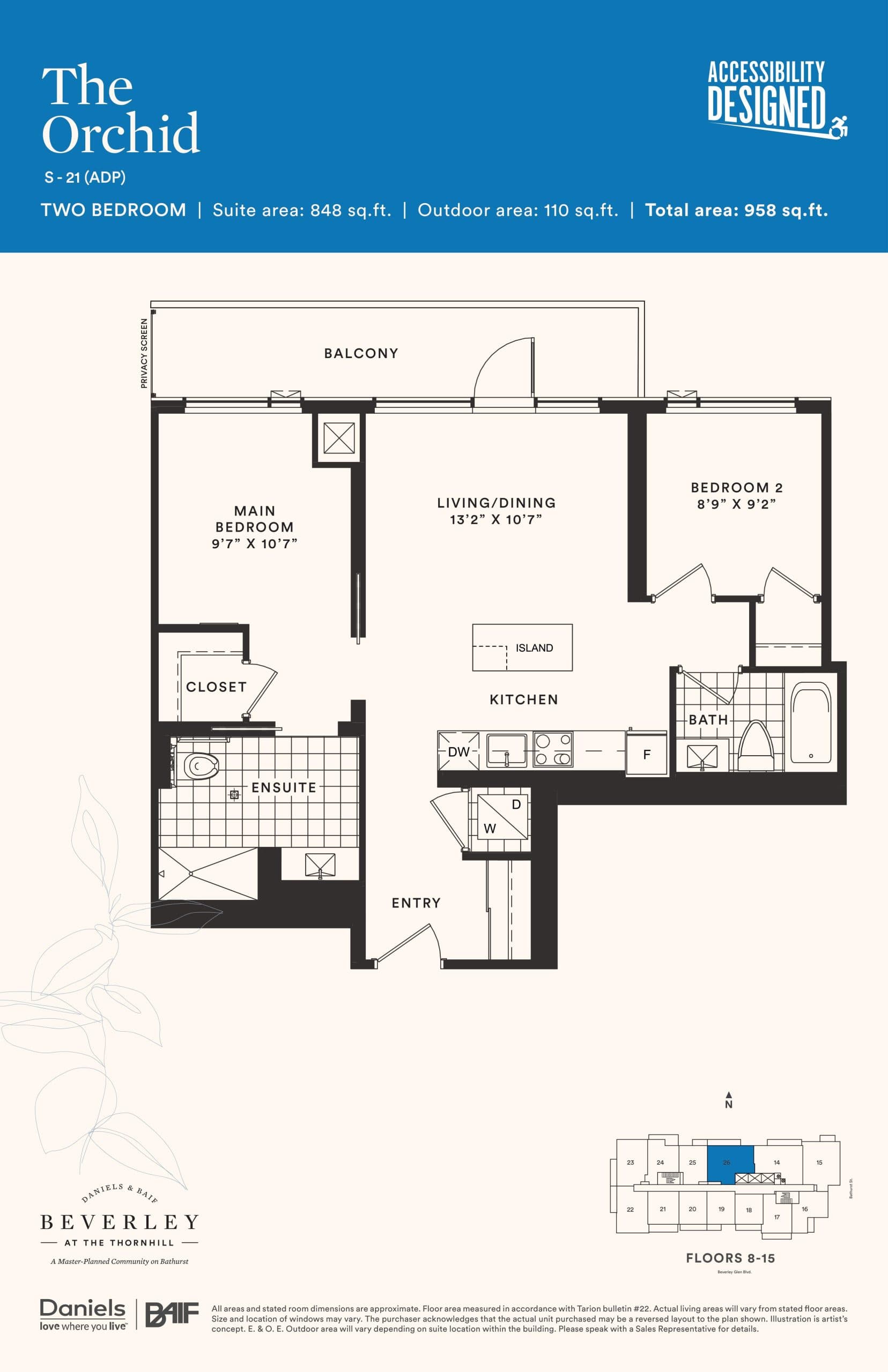 The Orchid Floor Plan at The Beverley at the Thornhill Condos - 848 sq.ft