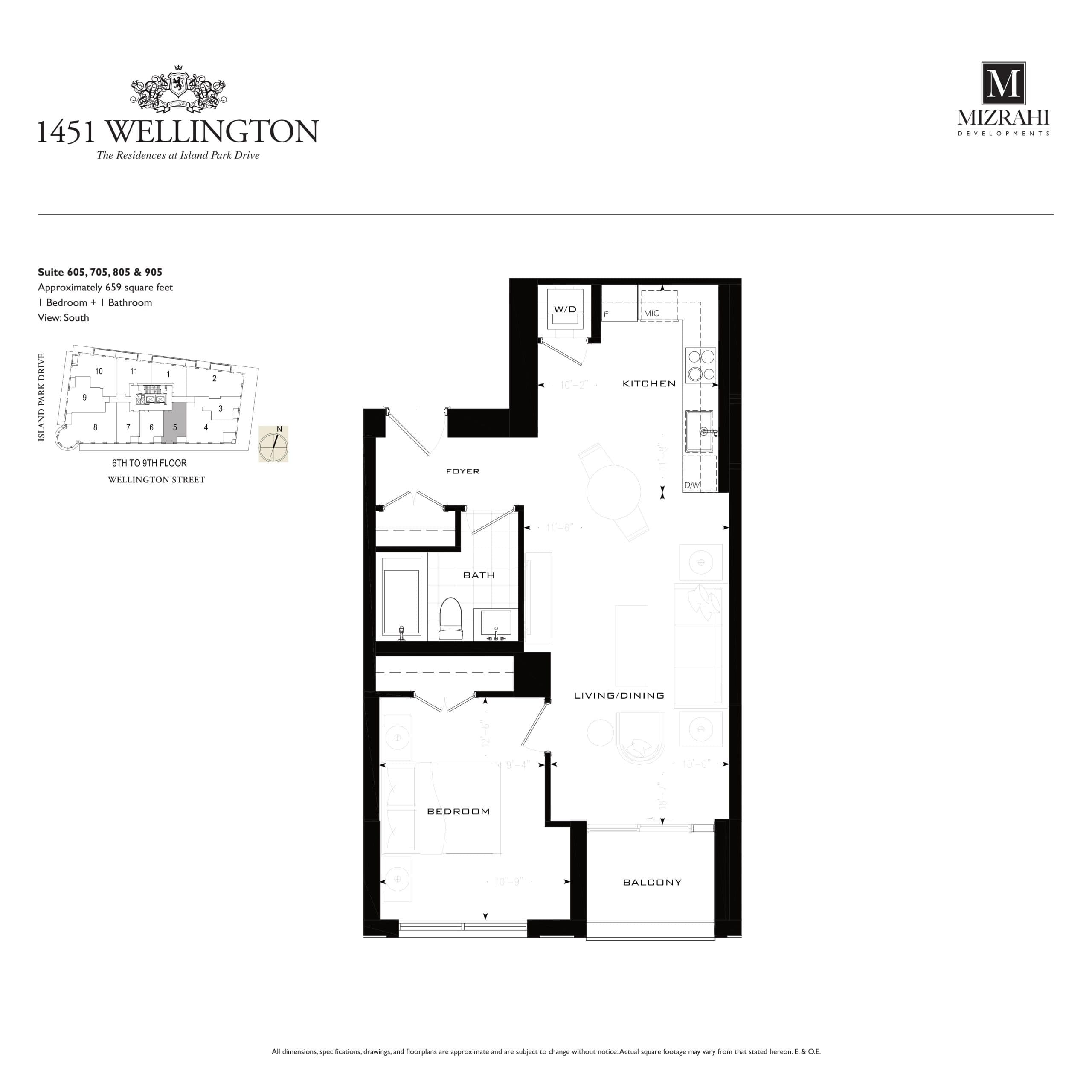 Suite 605, 705, 805, 905 Floor Plan at 1451 Wellington Condos - 659 sq.ft