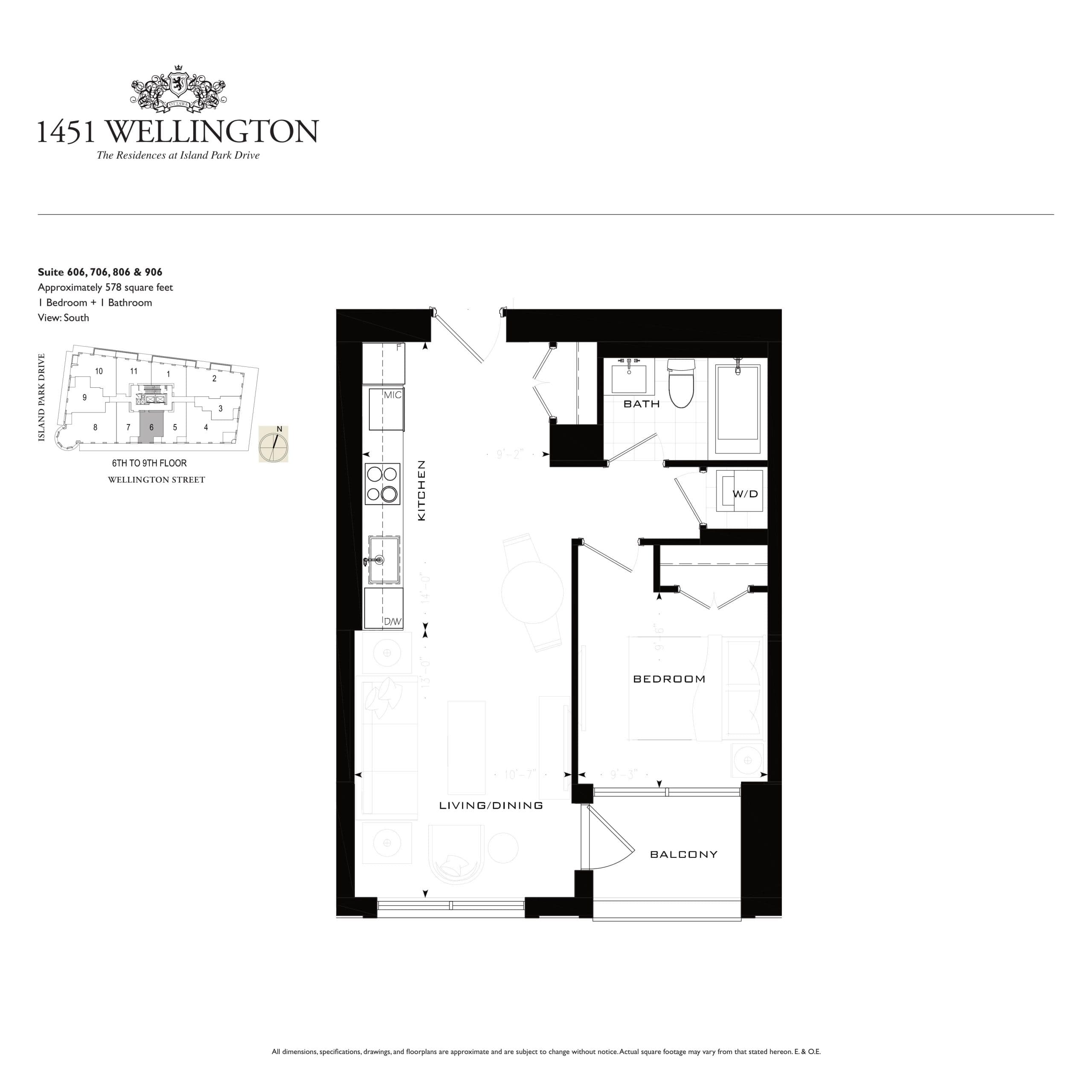 Suite 606, 706, 806, 906 Floor Plan at 1451 Wellington Condos - 578 sq.ft