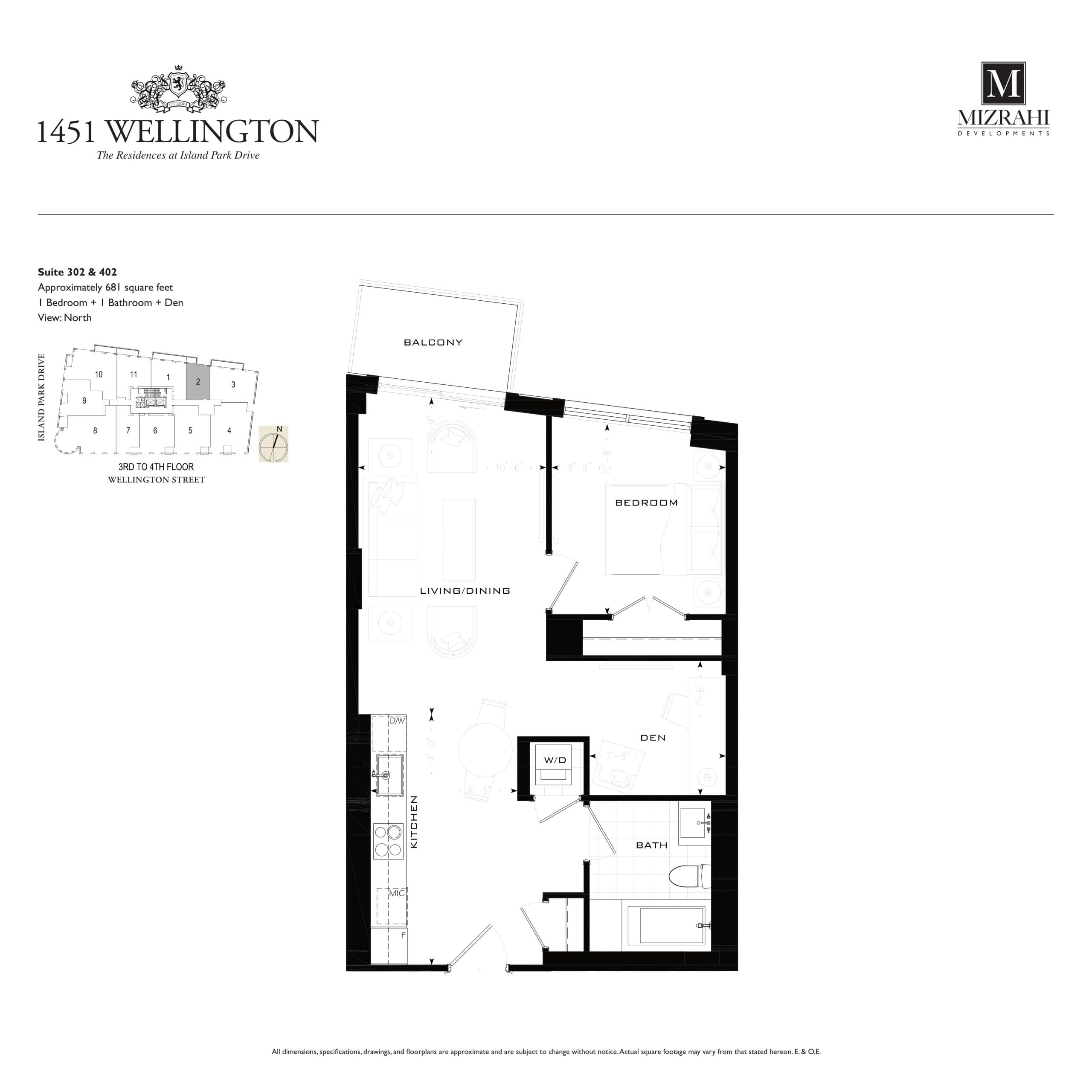 Suite 302, 402 Floor Plan at 1451 Wellington Condos - 681 sq.ft