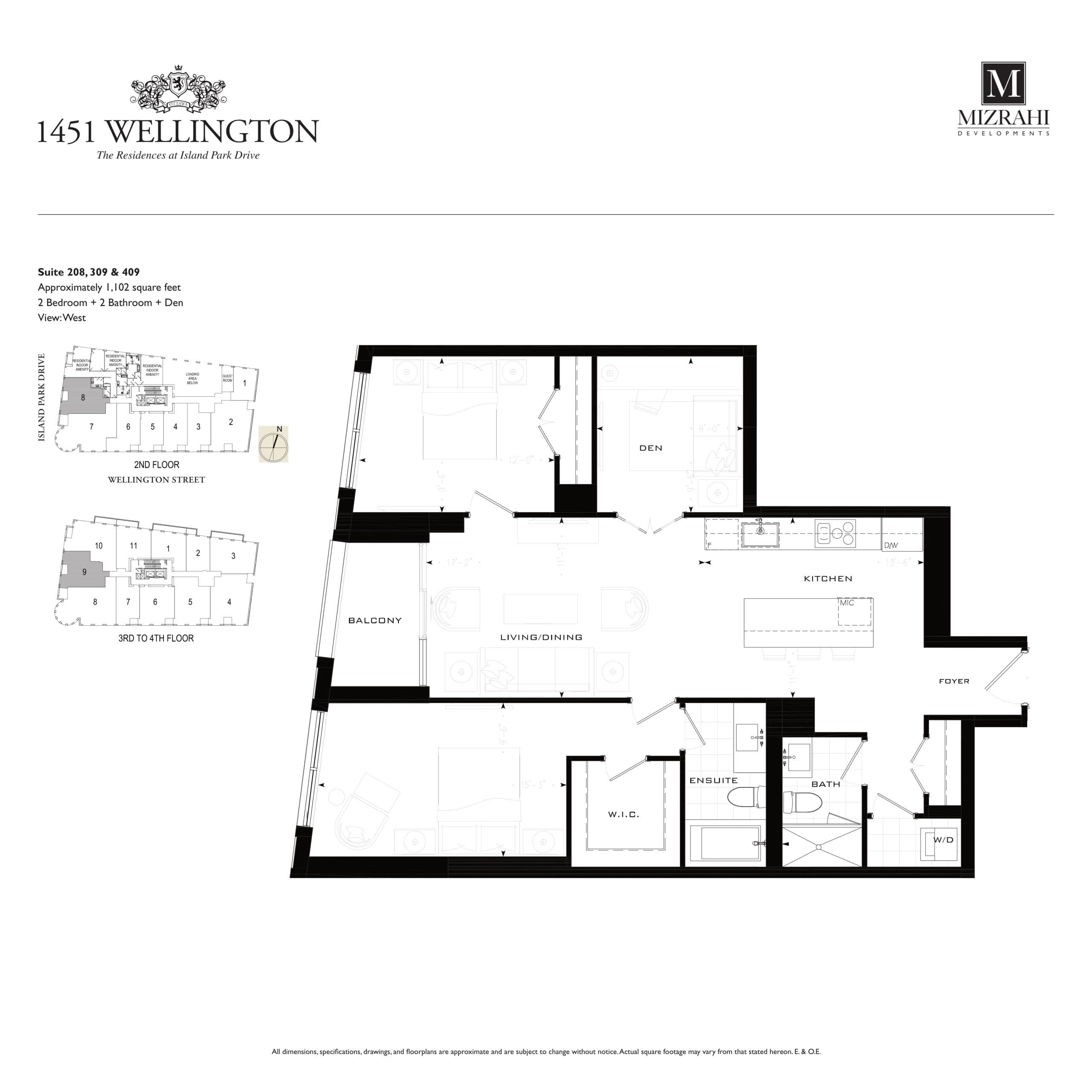 Suite 208, 309, 409 Floor Plan at 1451 Wellington Condos - 1102 sq.ft