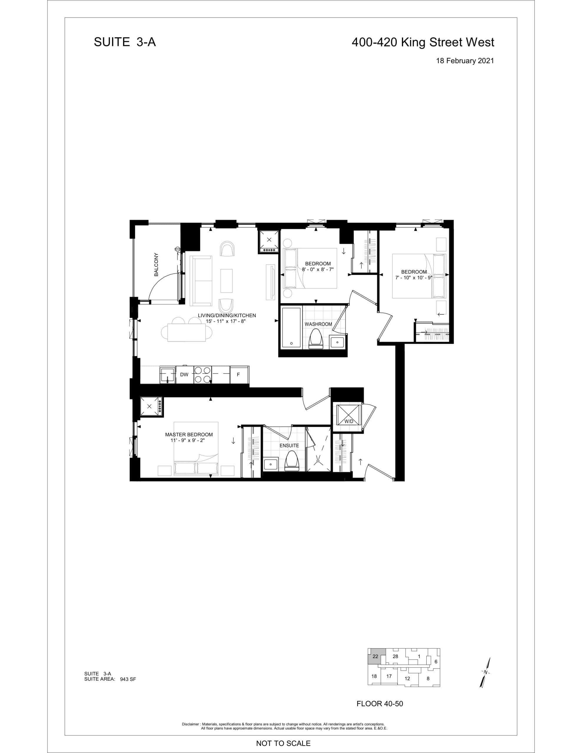 Suite 3-B Floor Plan at 400 King West Condos - 944 sq.ft