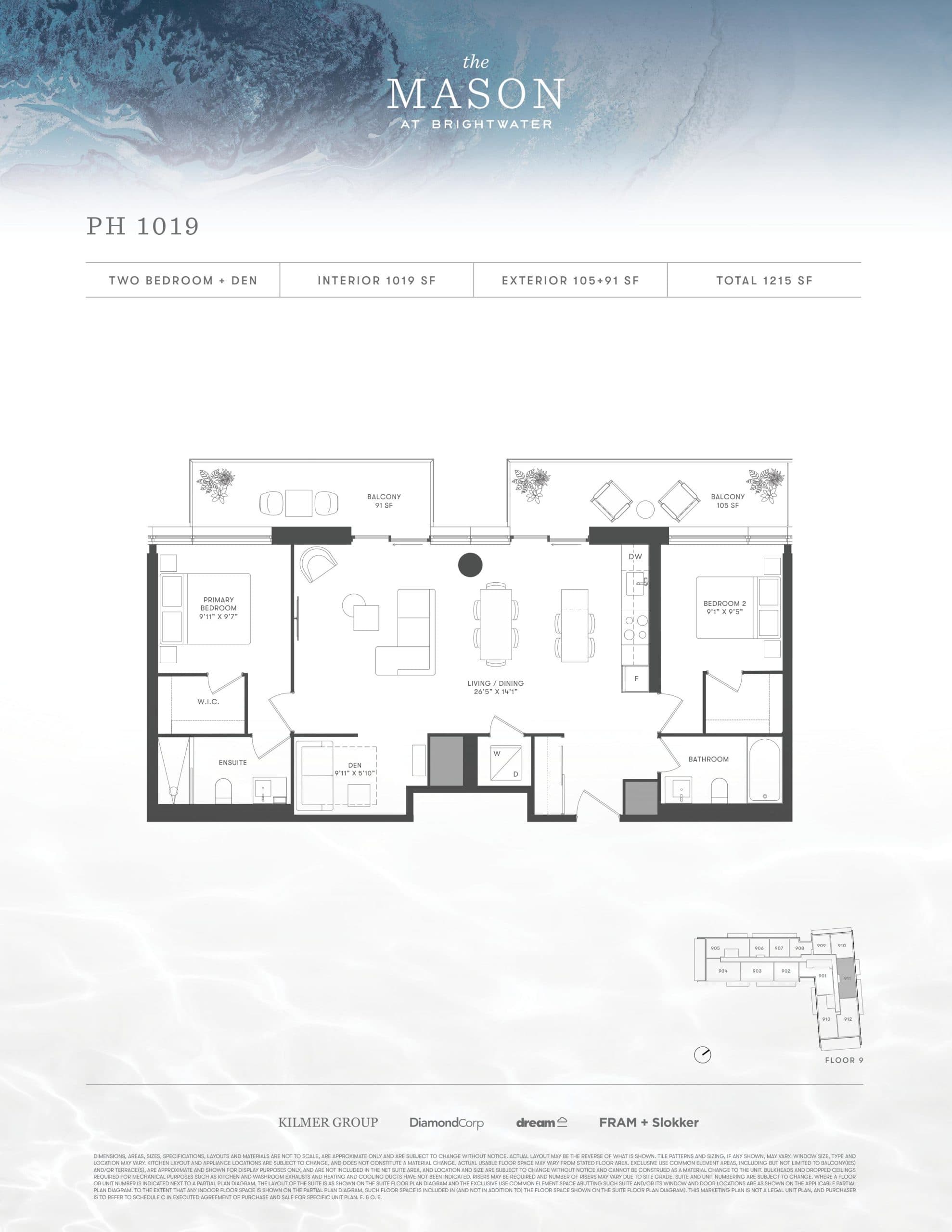 PH 1019 Floor Plan at The Mason at Brightwater Condos - 1019 sq.ft