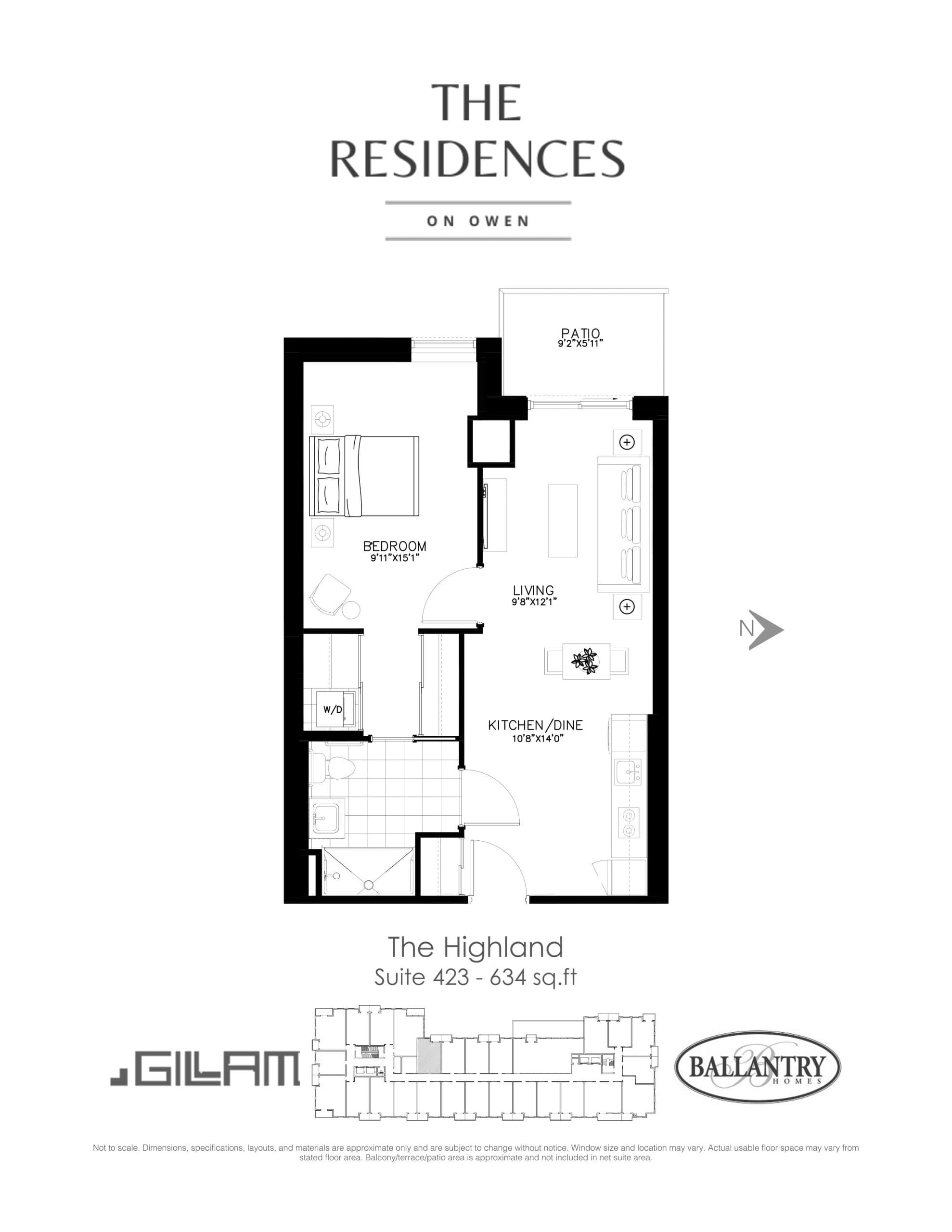 The Highland - Suite 423 Floor Plan at The Residences on Owen Condos - 634 sq.ft