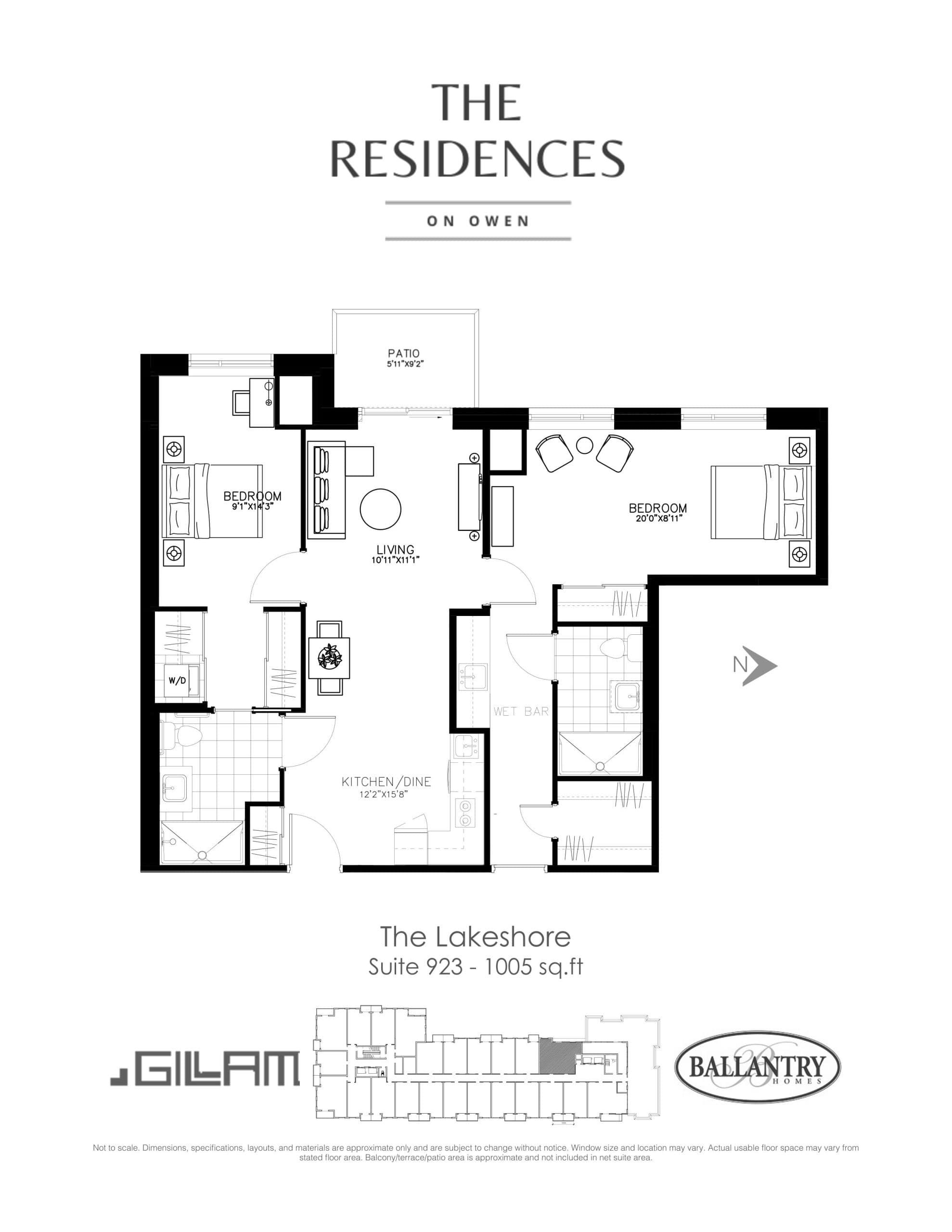 The Lakeshore - Suite 923 Floor Plan at The Residences on Owen Condos - 1005 sq.ft