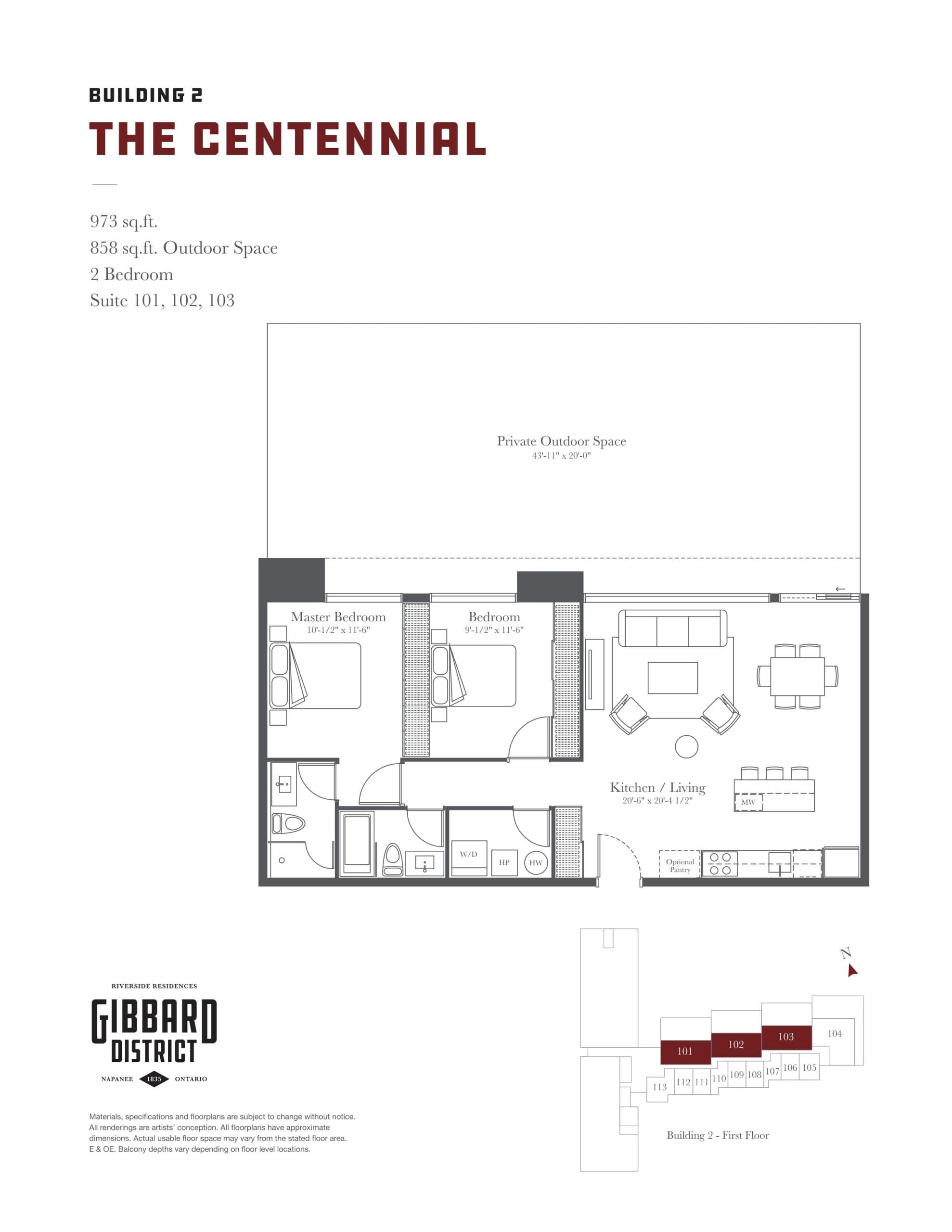 The Centennial Floor Plan at Gibbard District - Building 2 Condos - 973 sq.ft
