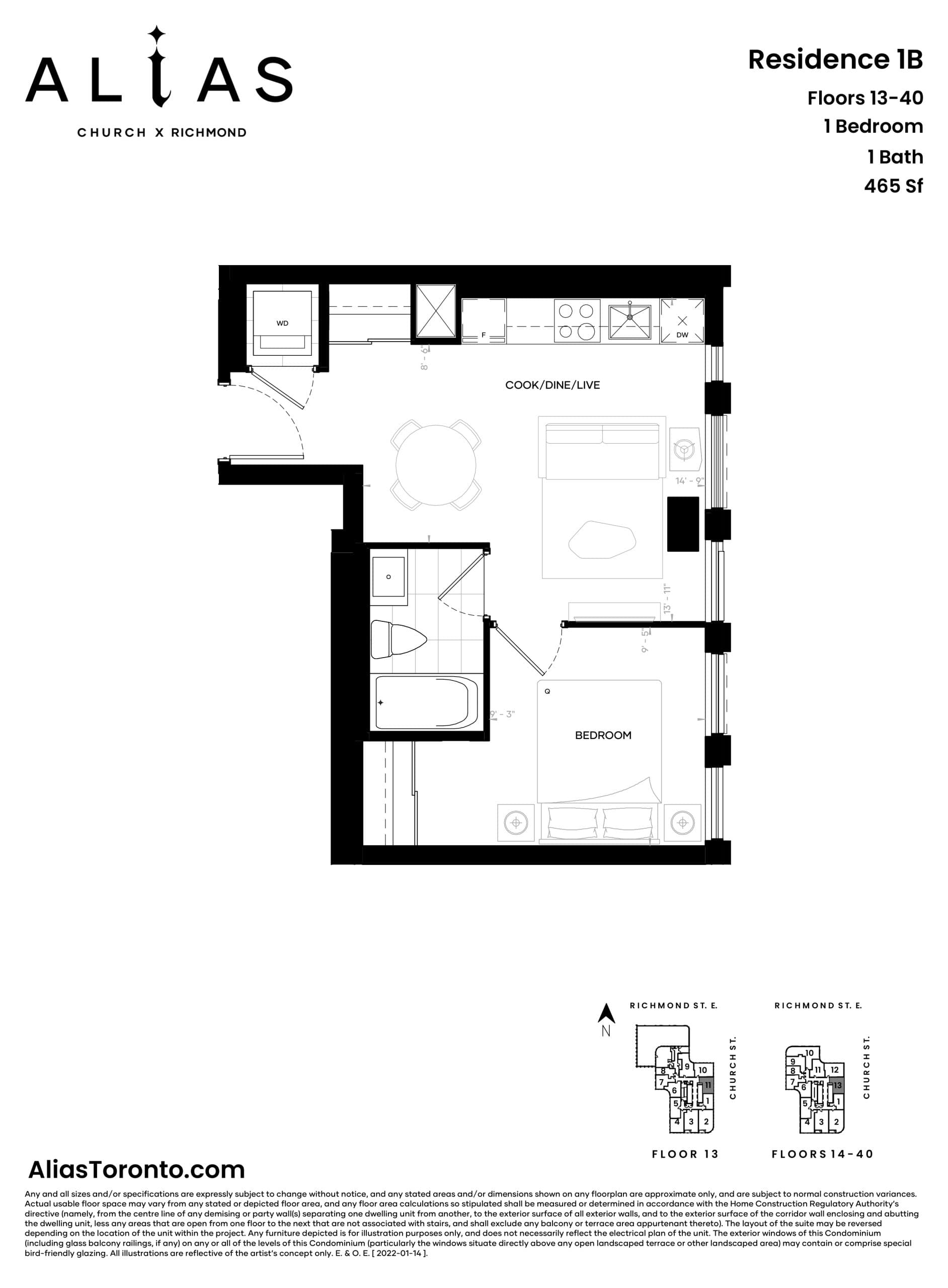 Residence 1B Floor Plan at Alias Condos - 465 sq.ft