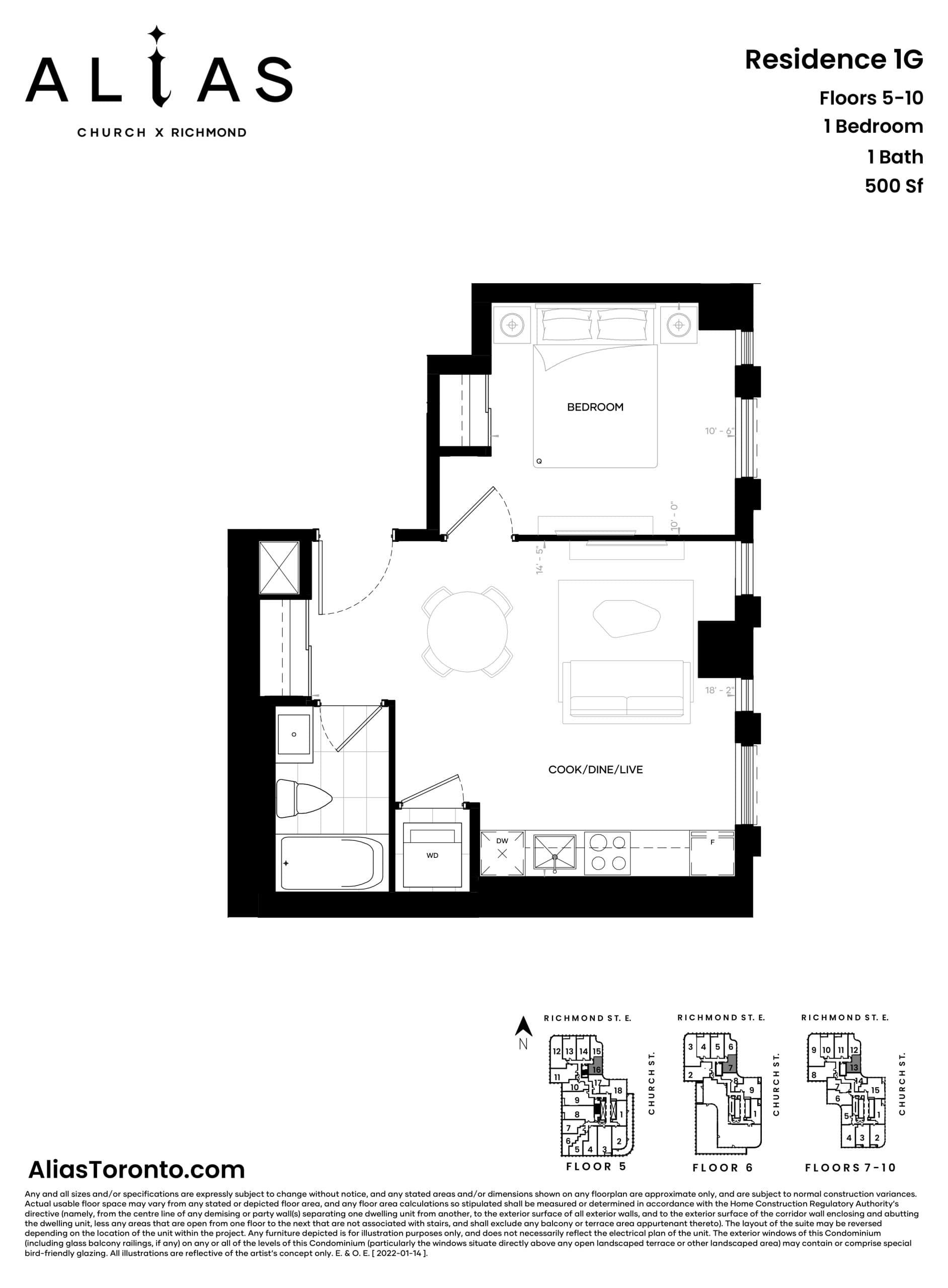 Residence 1G Floor Plan at Alias Condos - 500 sq.ft