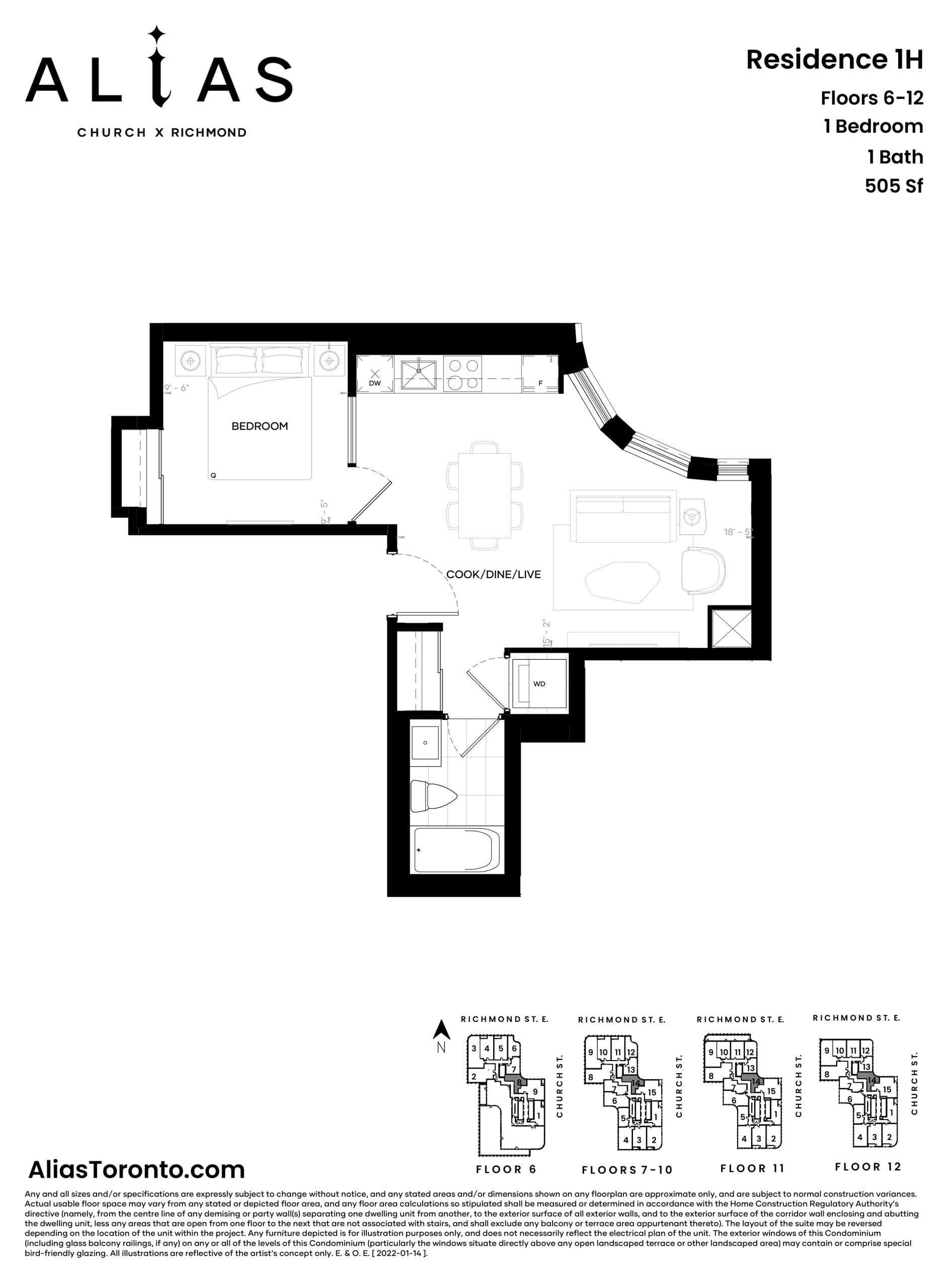 Residence 1H Floor Plan at Alias Condos - 505 sq.ft