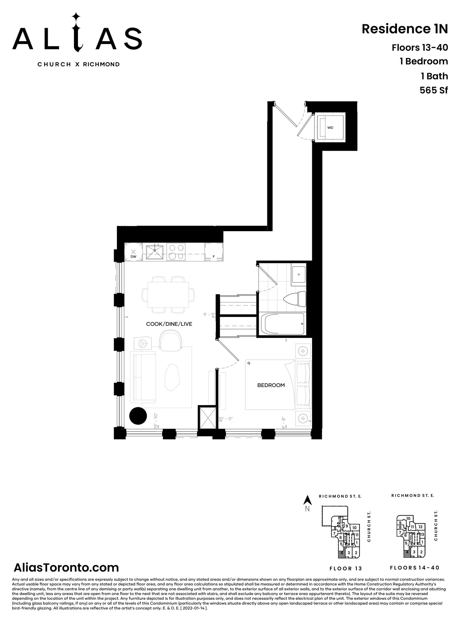 Residence 1N Floor Plan at Alias Condos - 565 sq.ft