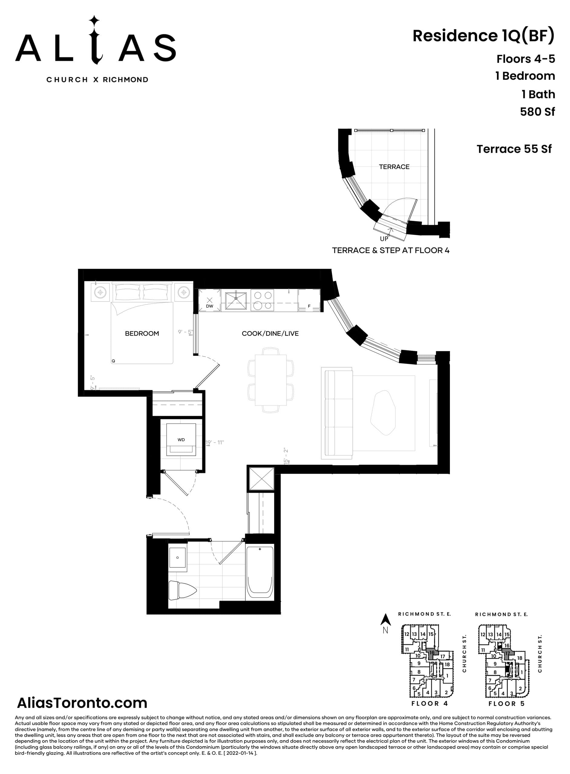 Residence 1Q(BF) Floor Plan at Alias Condos - 580 sq.ft