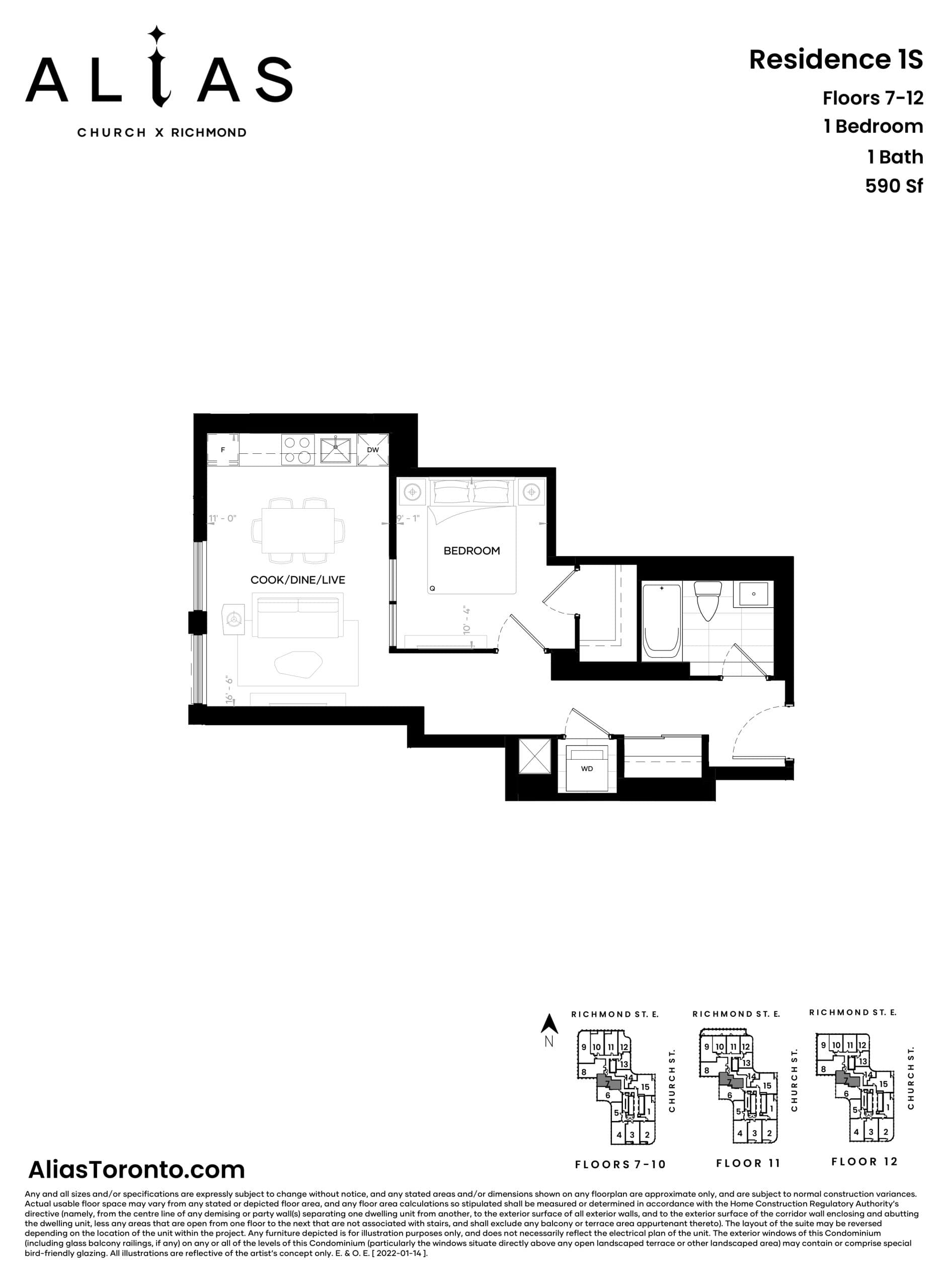Residence 1S Floor Plan at Alias Condos - 590 sq.ft