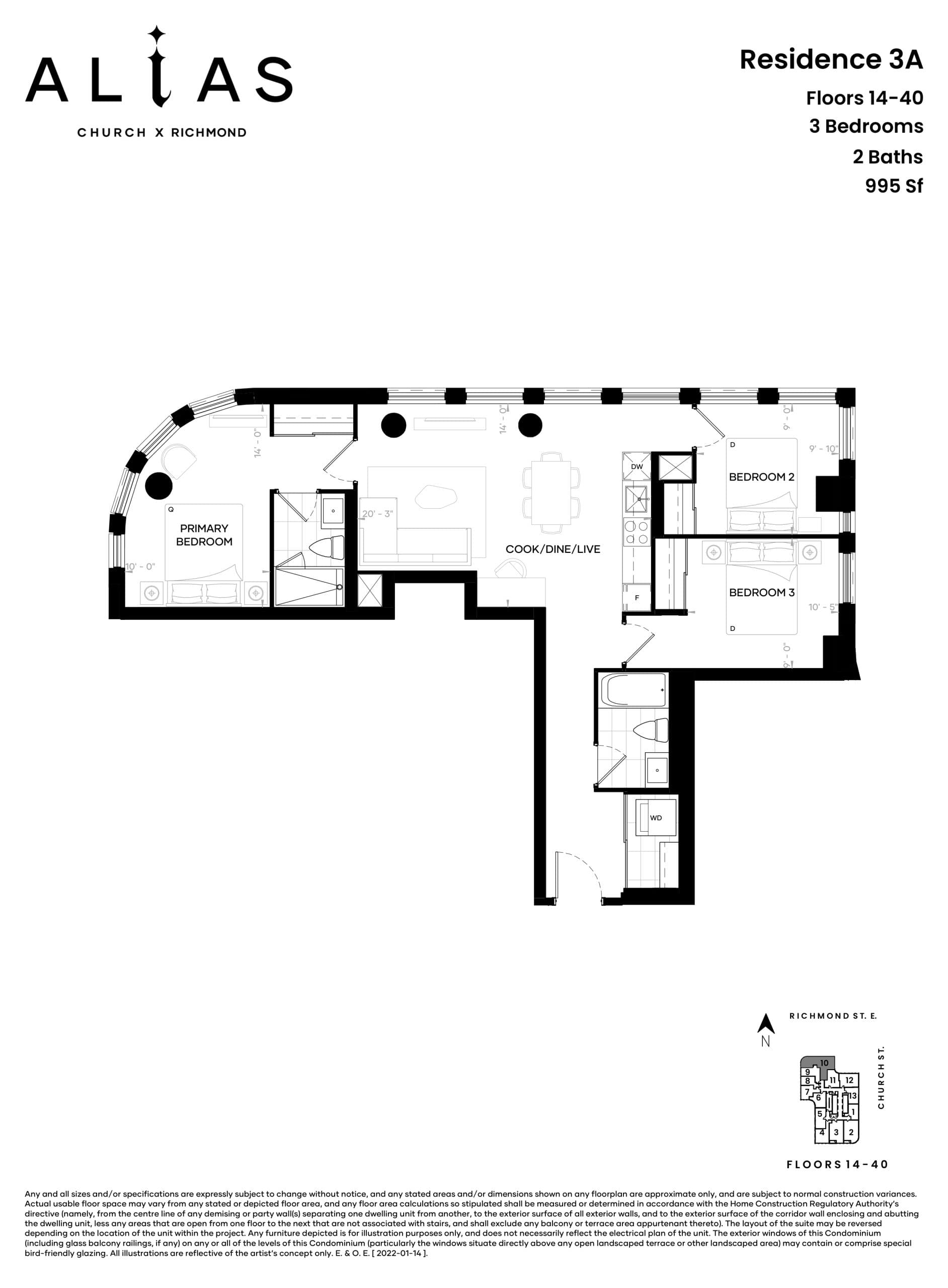 Residence 3A Floor Plan at Alias Condos - 995 sq.ft