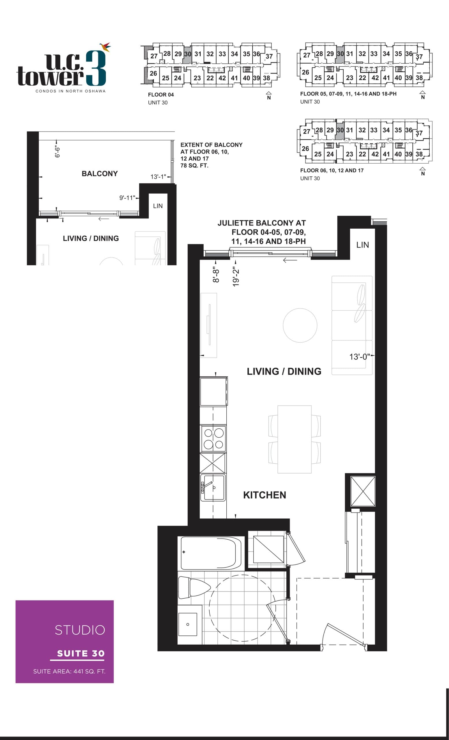 Suite 30 Floor Plan at U.C. Tower 3 Condos - 441 sq.ft