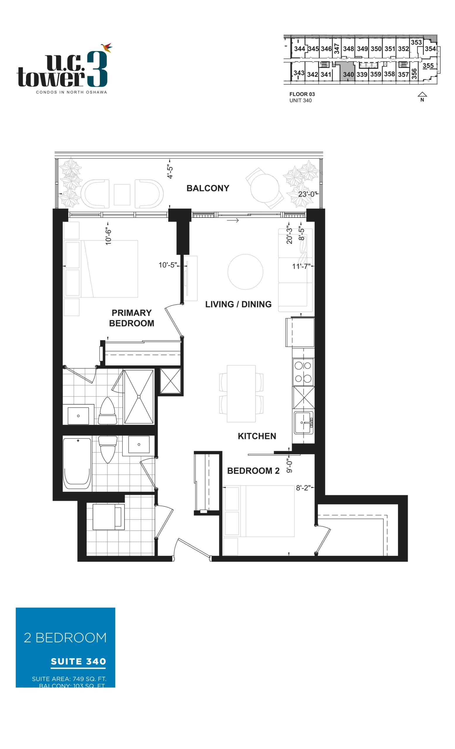 Suite 340 Floor Plan at U.C. Tower 3 Condos - 749 sq.ft