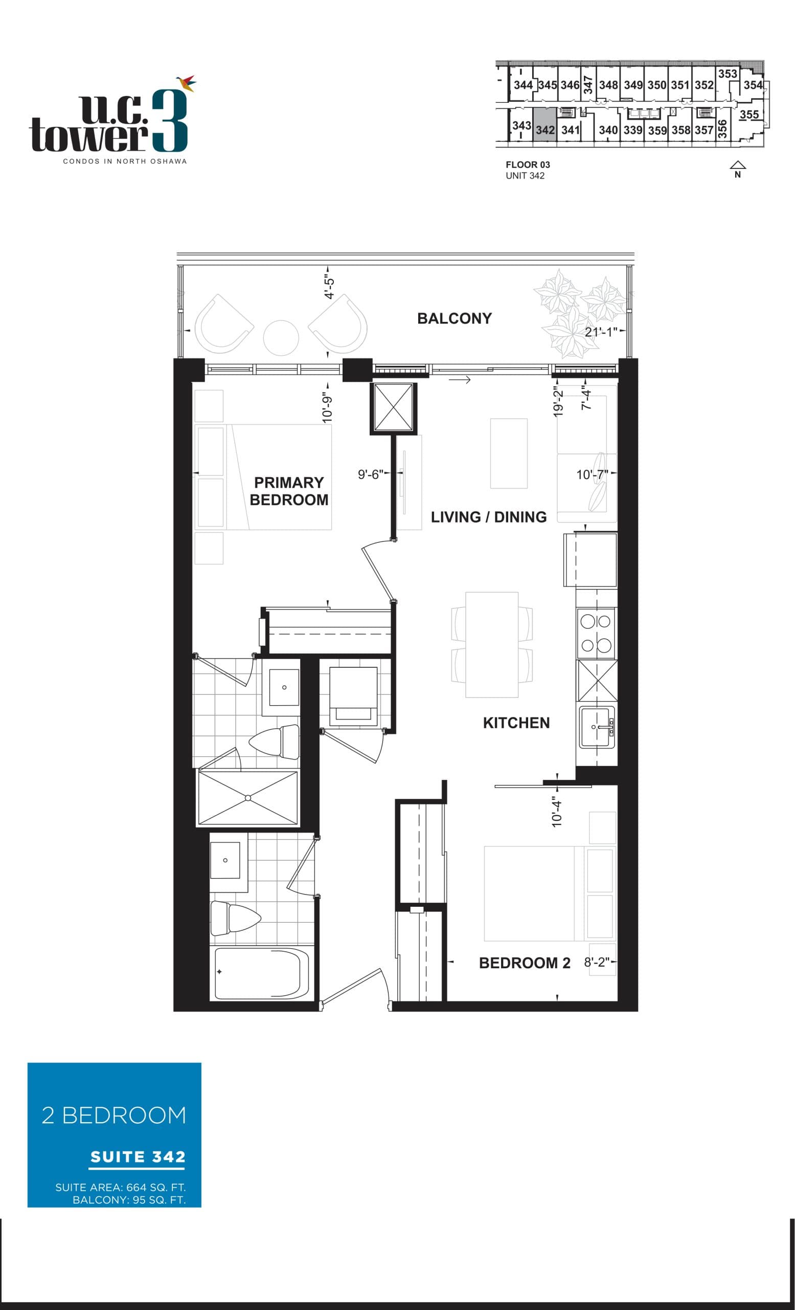 Suite 342 Floor Plan at U.C. Tower 3 Condos - 664 sq.ft