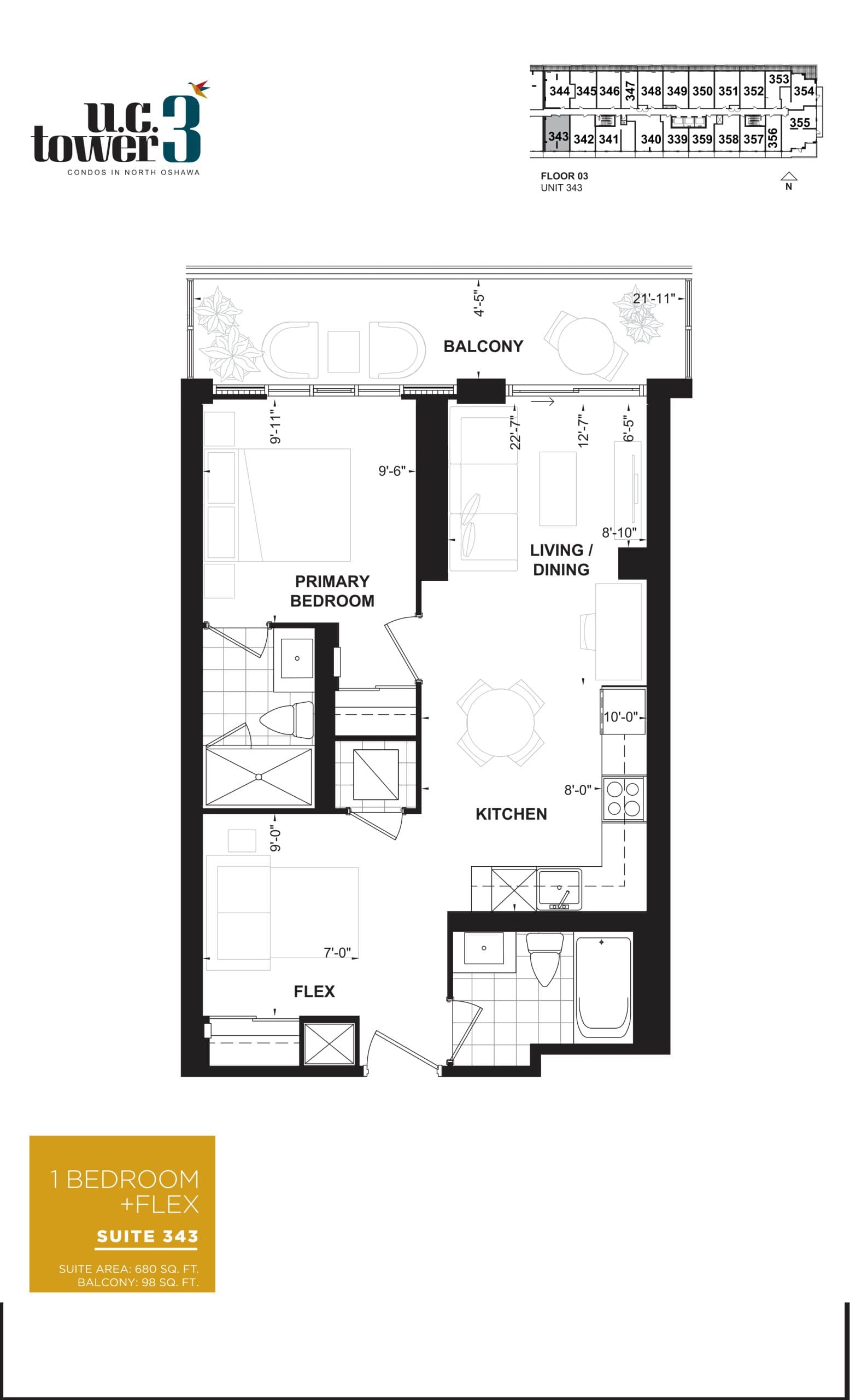 Suite 343 Floor Plan at U.C. Tower 3 Condos - 680 sq.ft