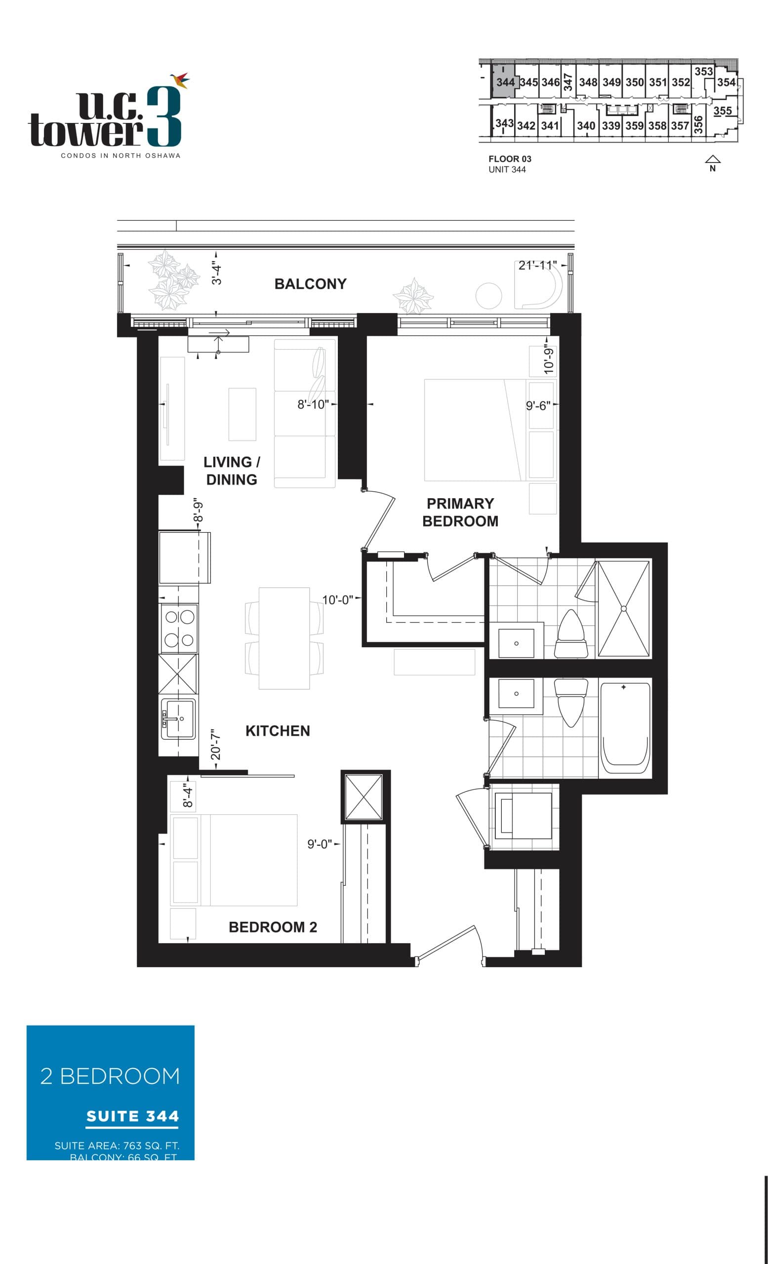 Suite 344 Floor Plan at U.C. Tower 3 Condos - 763 sq.ft