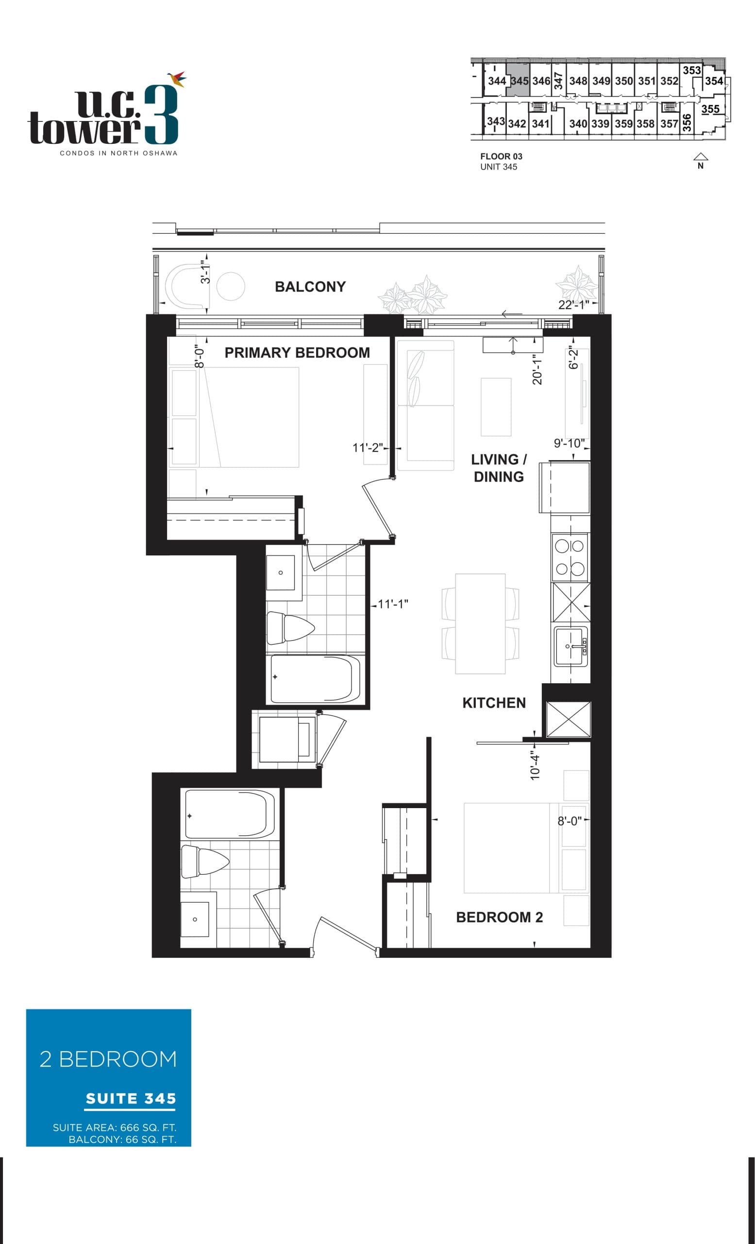 Suite 345 Floor Plan at U.C. Tower 3 Condos - 666 sq.ft