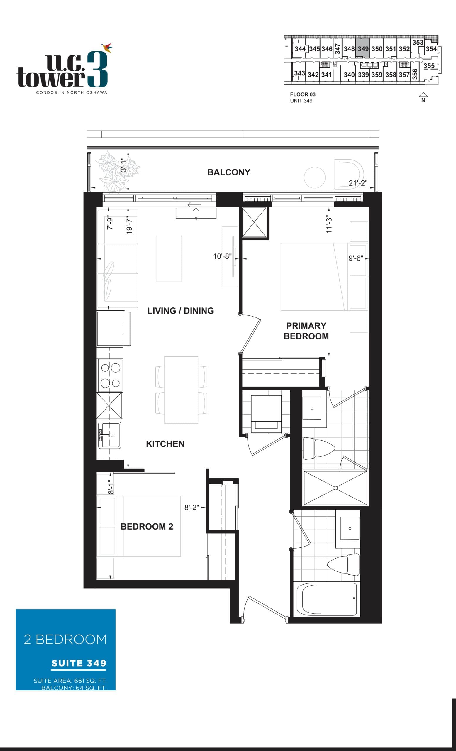 Suite 349 Floor Plan at U.C. Tower 3 Condos - 661 sq.ft