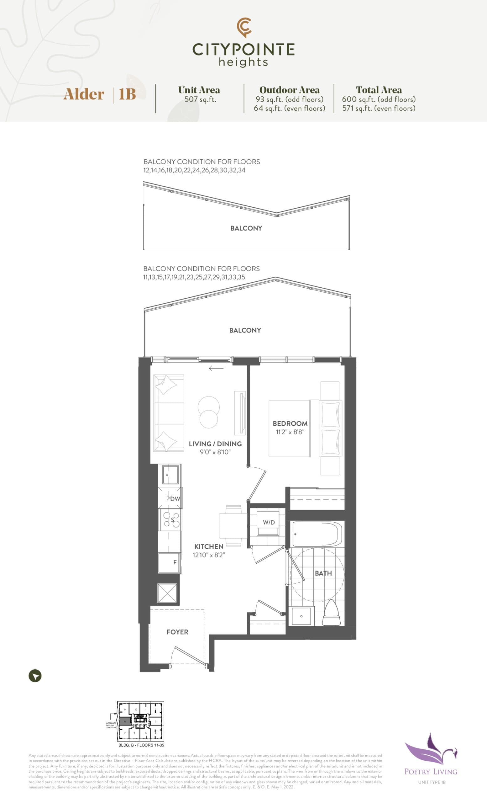 Alder Floor Plan at CityPointe Heights Condos - 507 sq.ft
