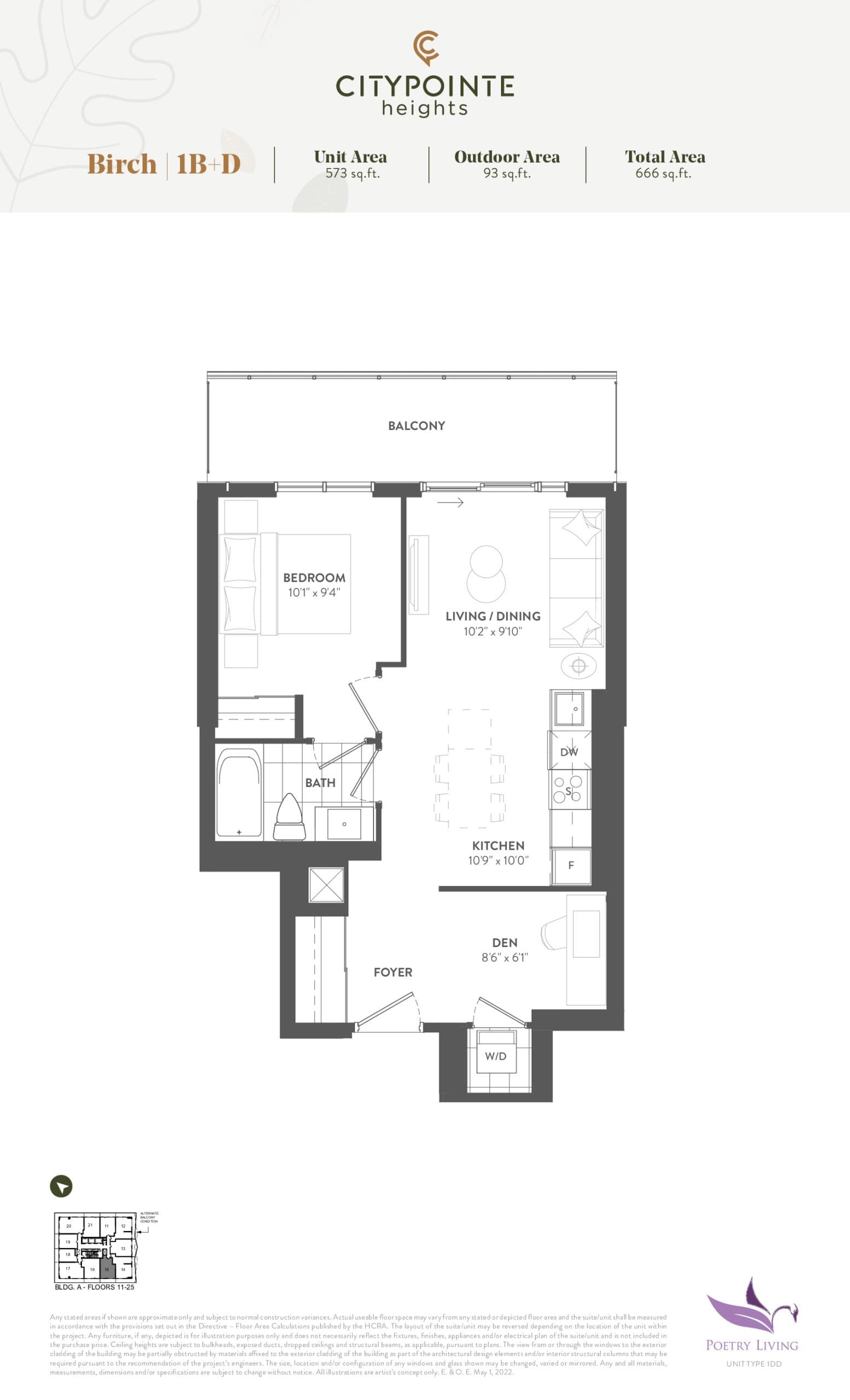 Birch Floor Plan at CityPointe Heights Condos - 573 sq.ft