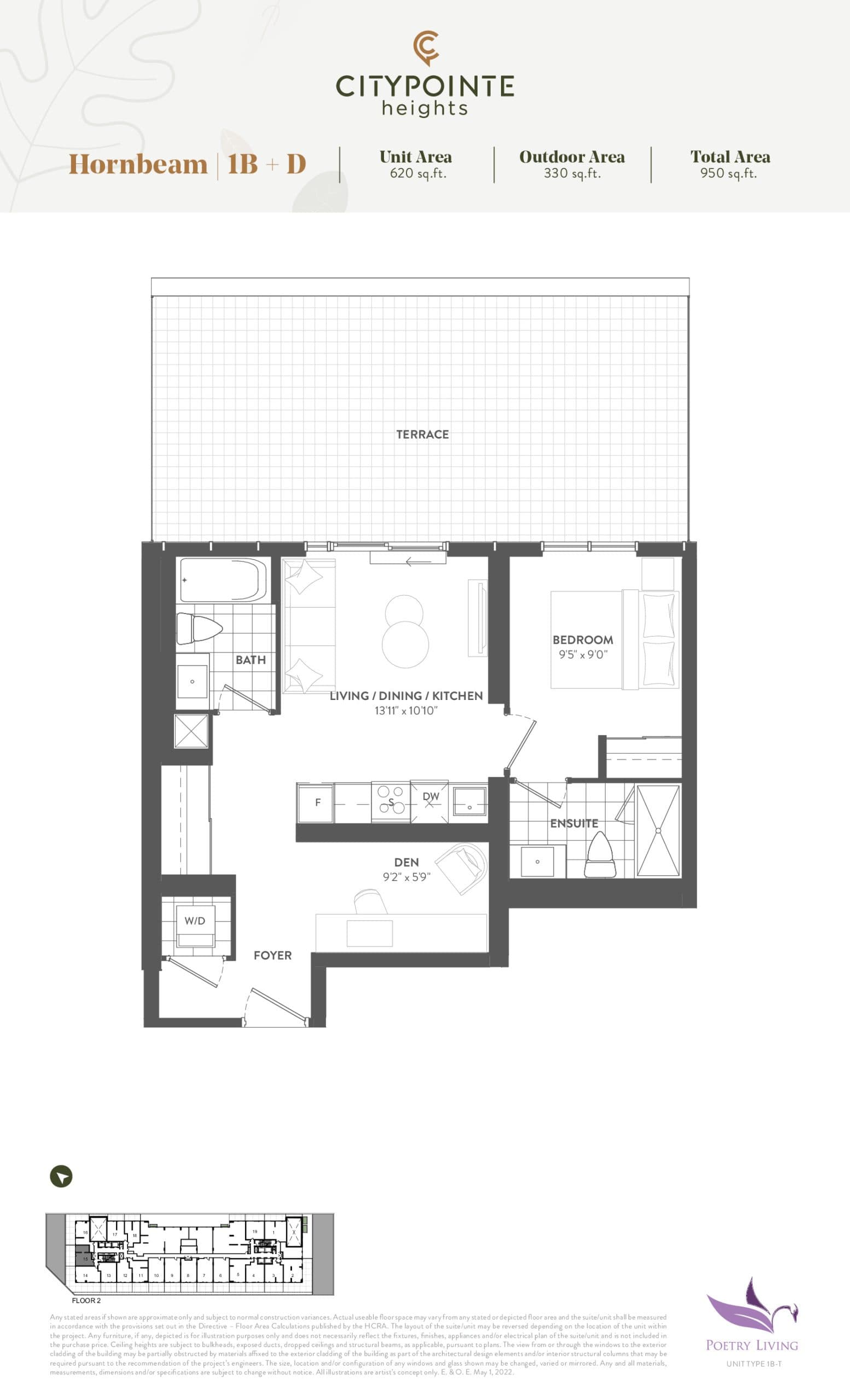 Hornbeam Floor Plan at CityPointe Heights Condos - 620 sq.ft