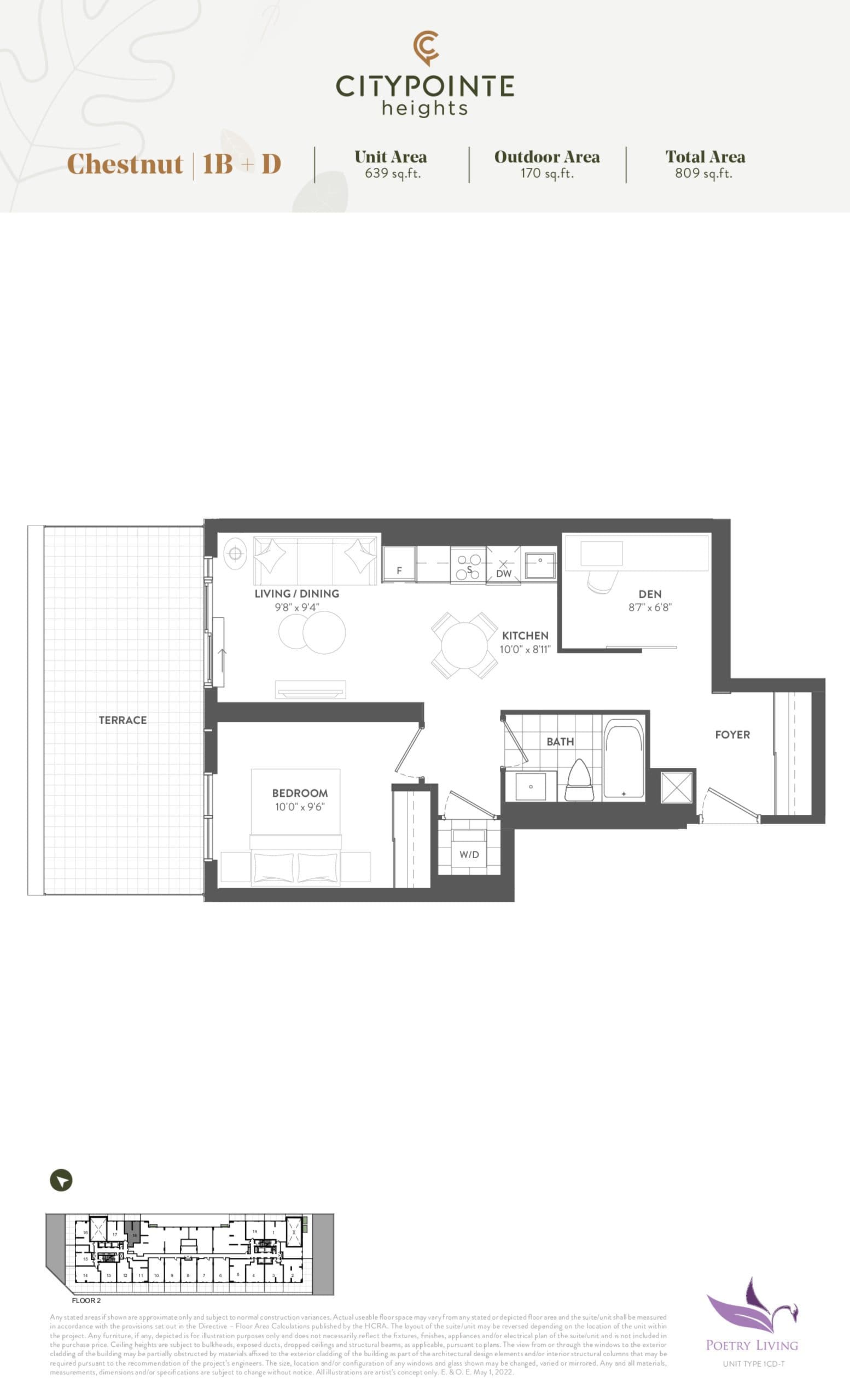 Chestnut Floor Plan at CityPointe Heights Condos - 639 sq.ft