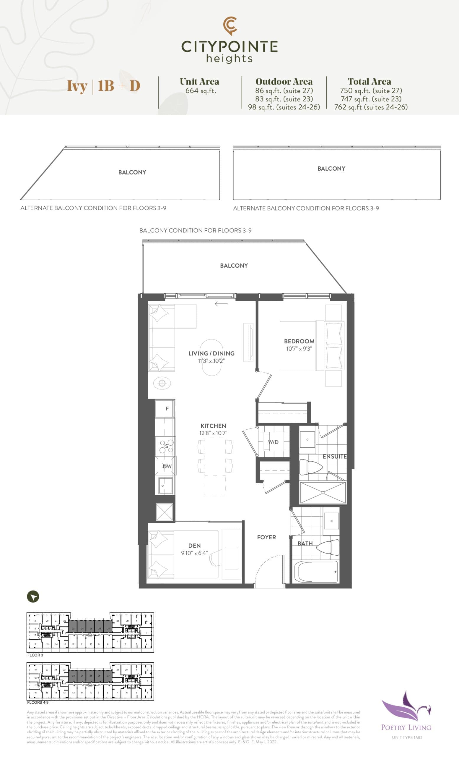 Ivy Floor Plan at CityPointe Heights Condos - 664 sq.ft