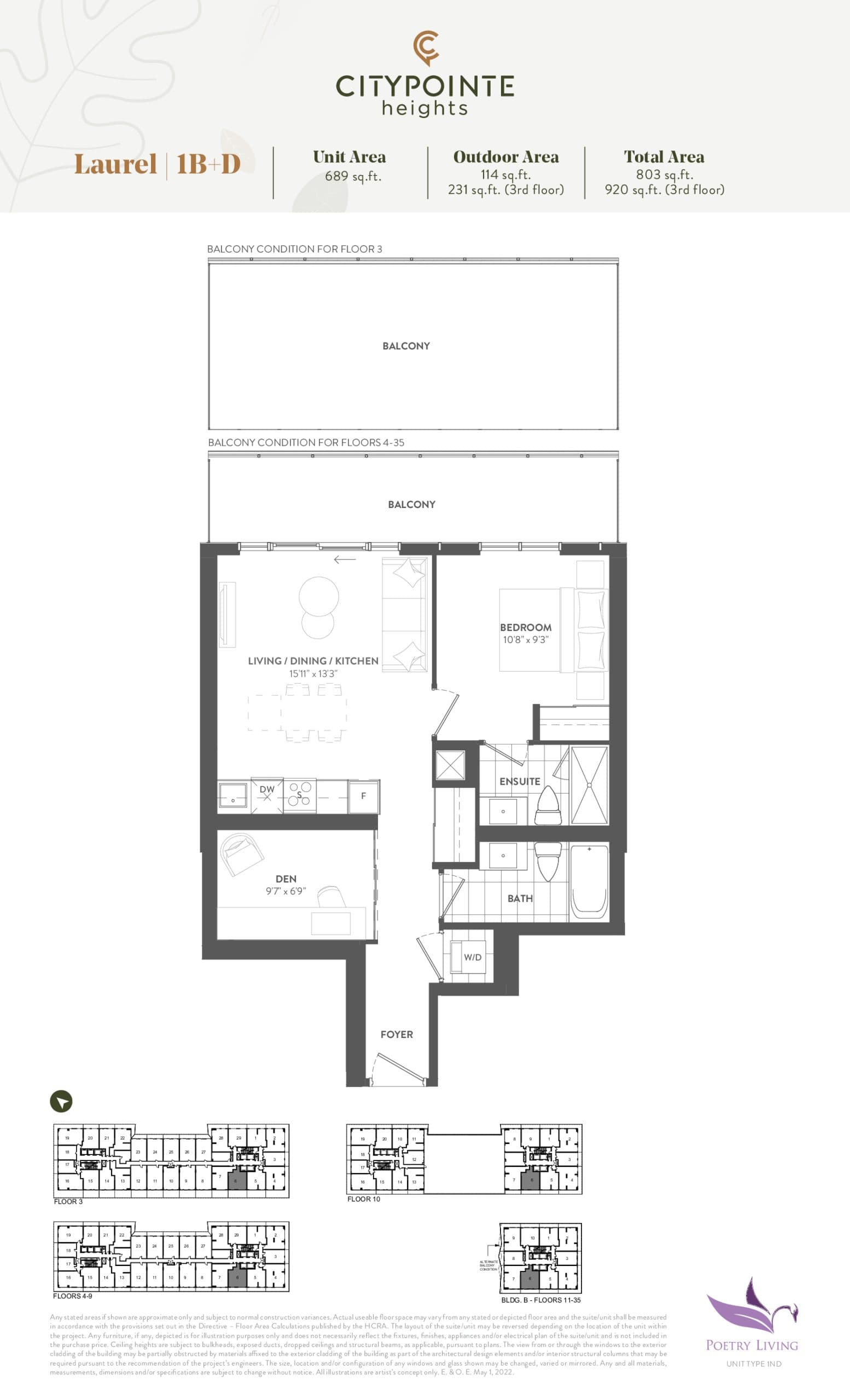 Laurel (Balcony) Floor Plan at CityPointe Heights Condos - 689 sq.ft