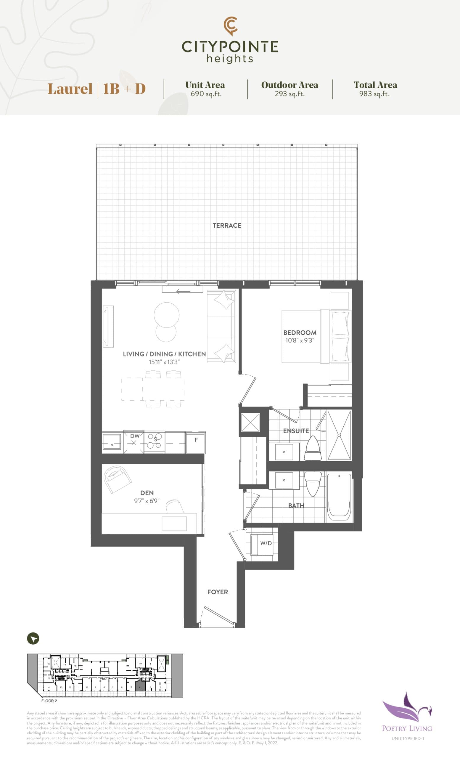 Laurel (Terrace) Floor Plan at CityPointe Heights Condos - 690 sq.ft