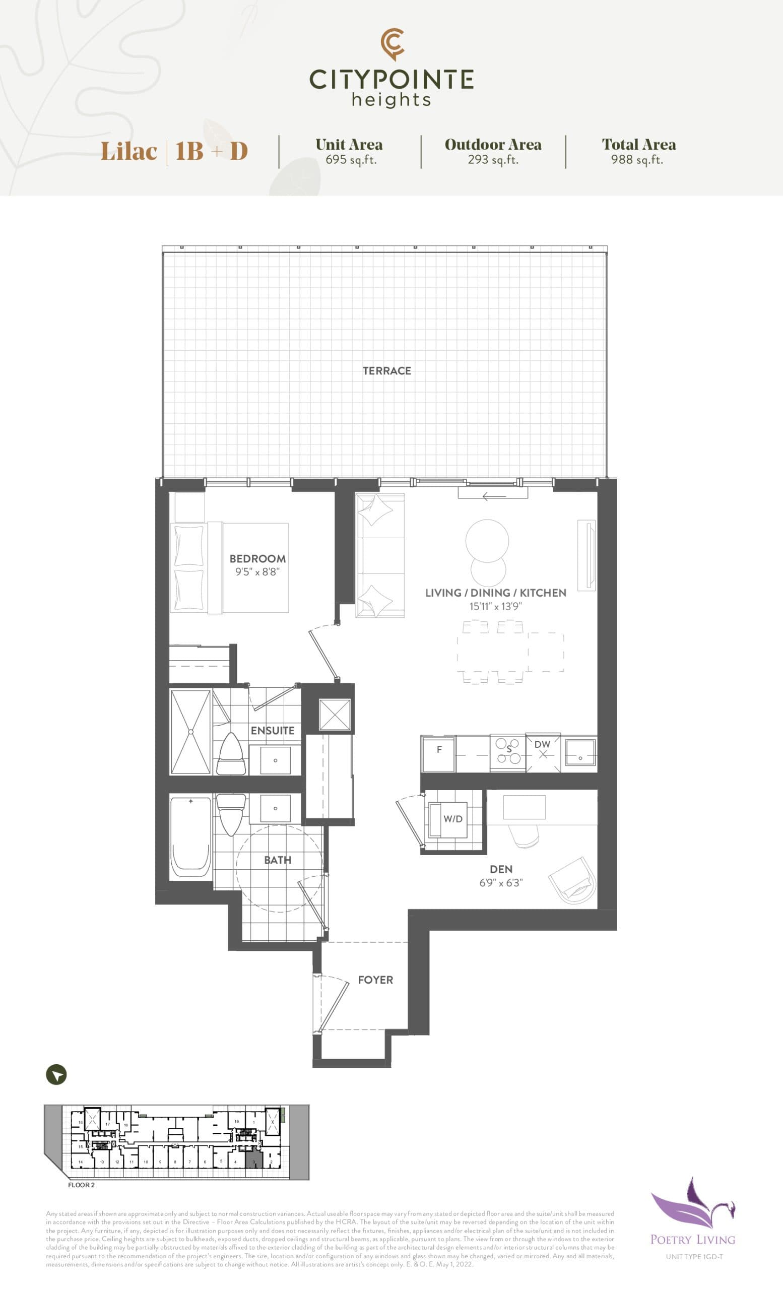 Lilac (Terrace) Floor Plan at CityPointe Heights Condos - 695 sq.ft