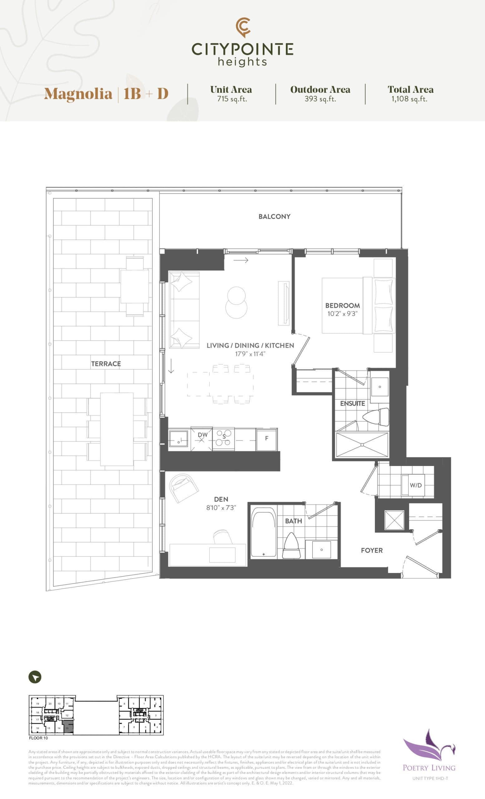 Magnolia (Terrace) Floor Plan at CityPointe Heights Condos - 715 sq.ft