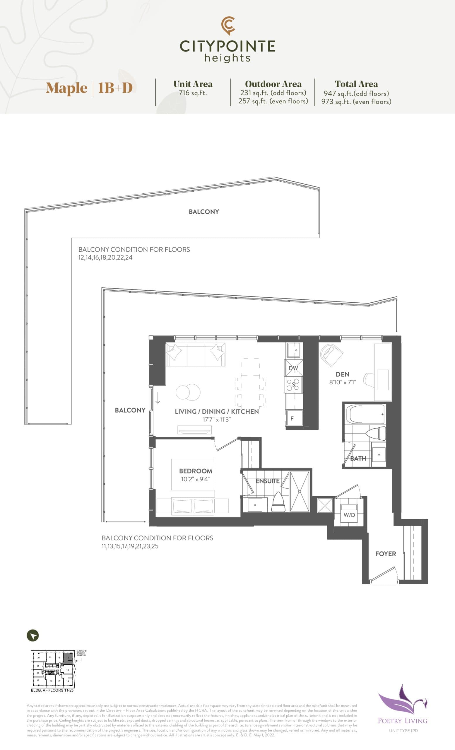 Maple (Balcony) Floor Plan at CityPointe Heights Condos - 716 sq.ft