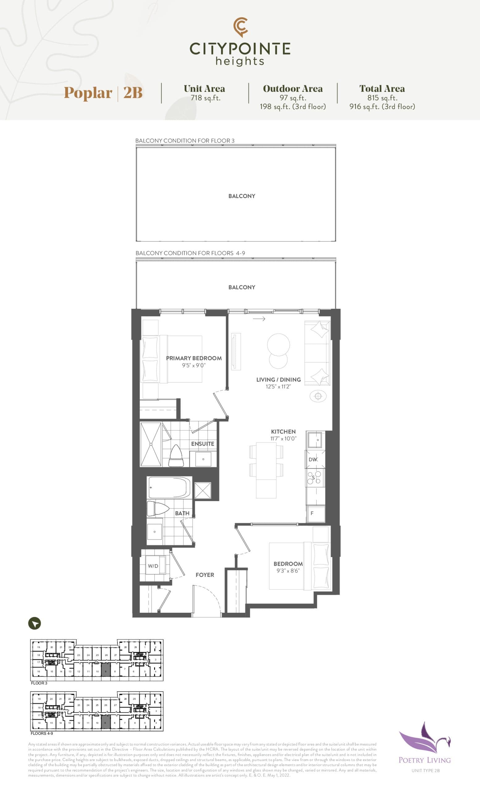 Poplar (Balcony) Floor Plan at CityPointe Heights Condos - 718 sq.ft
