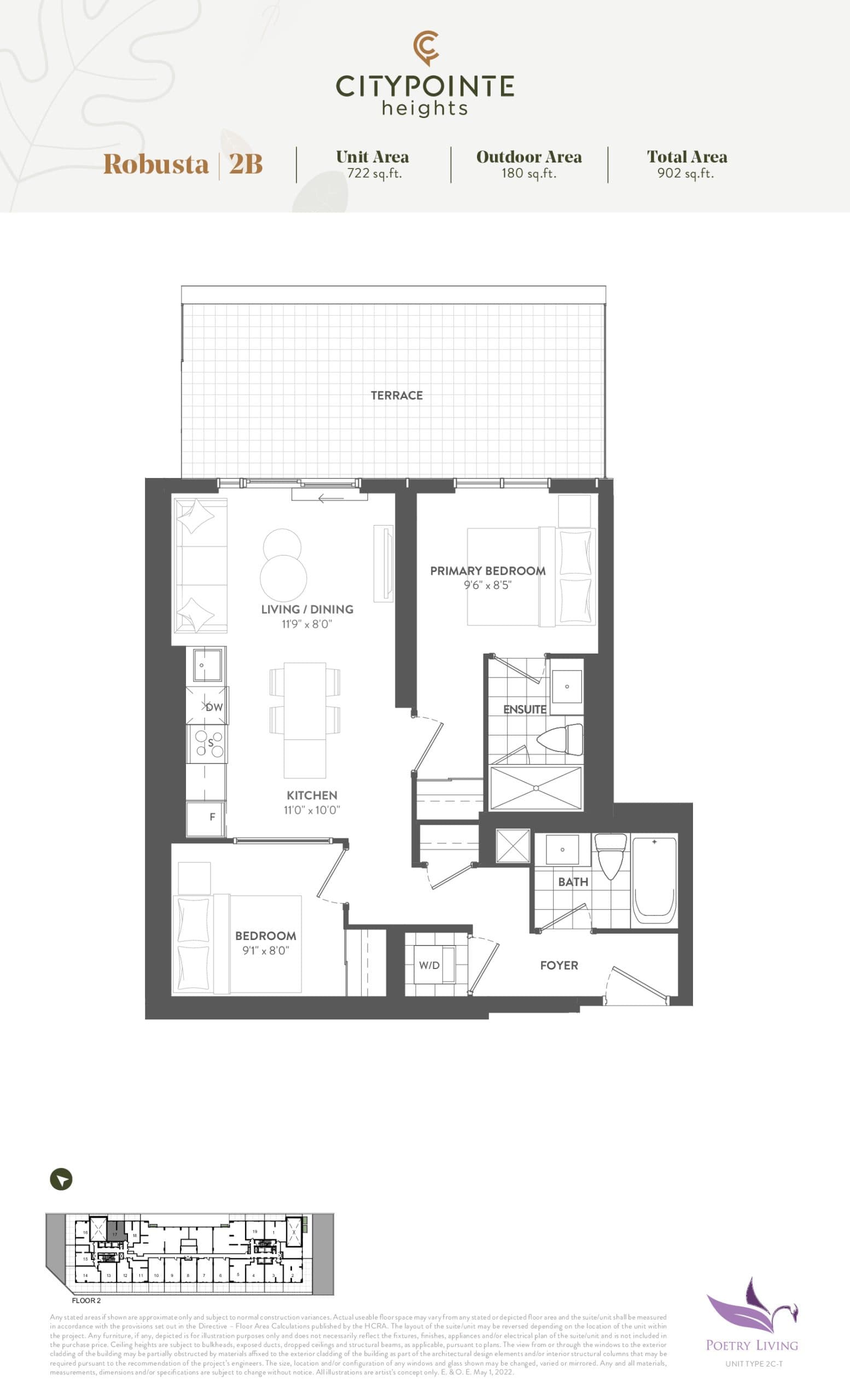 Robusta Floor Plan at CityPointe Heights Condos - 722 sq.ft