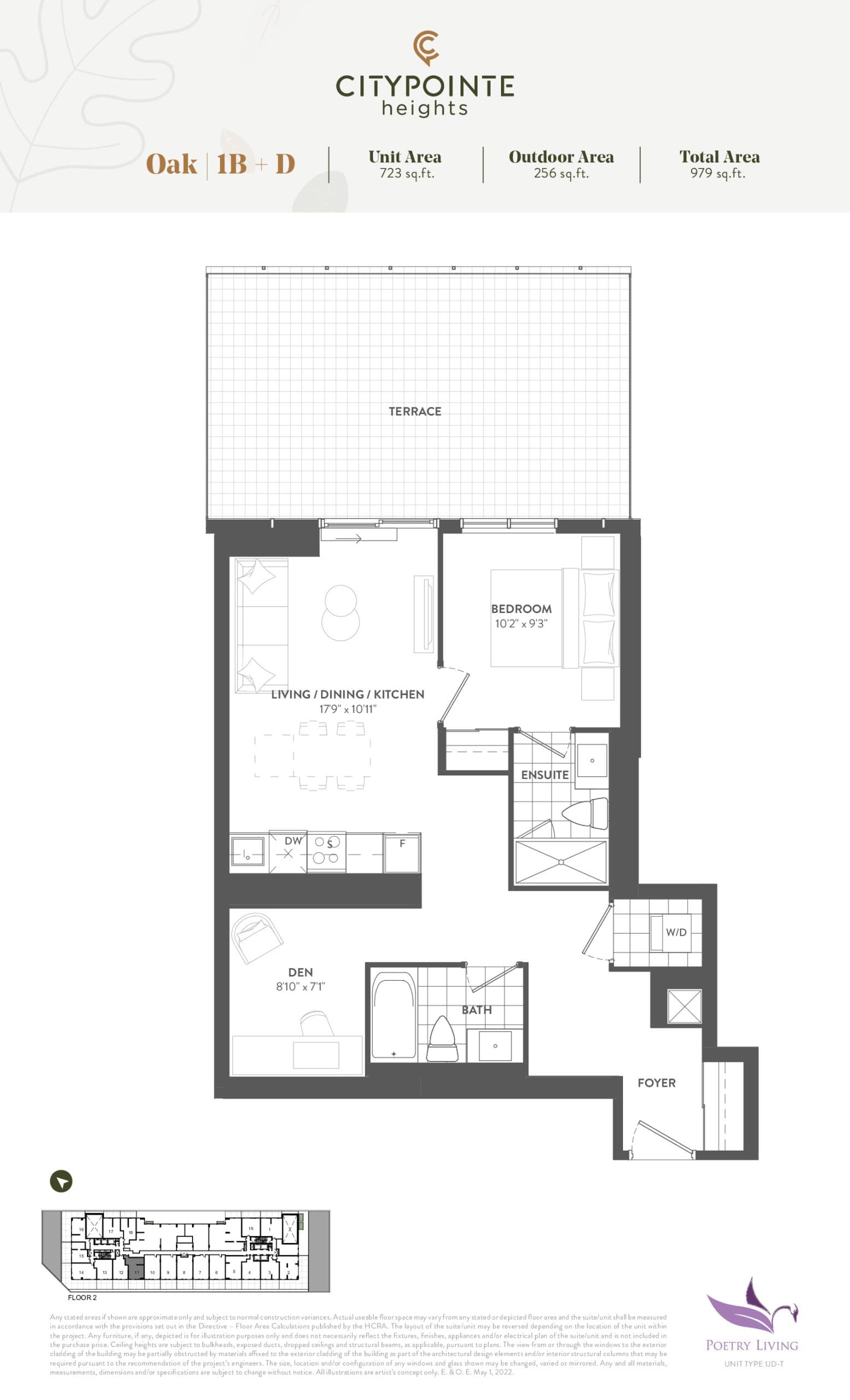Oak (Terrace) Floor Plan at CityPointe Heights Condos - 723 sq.ft