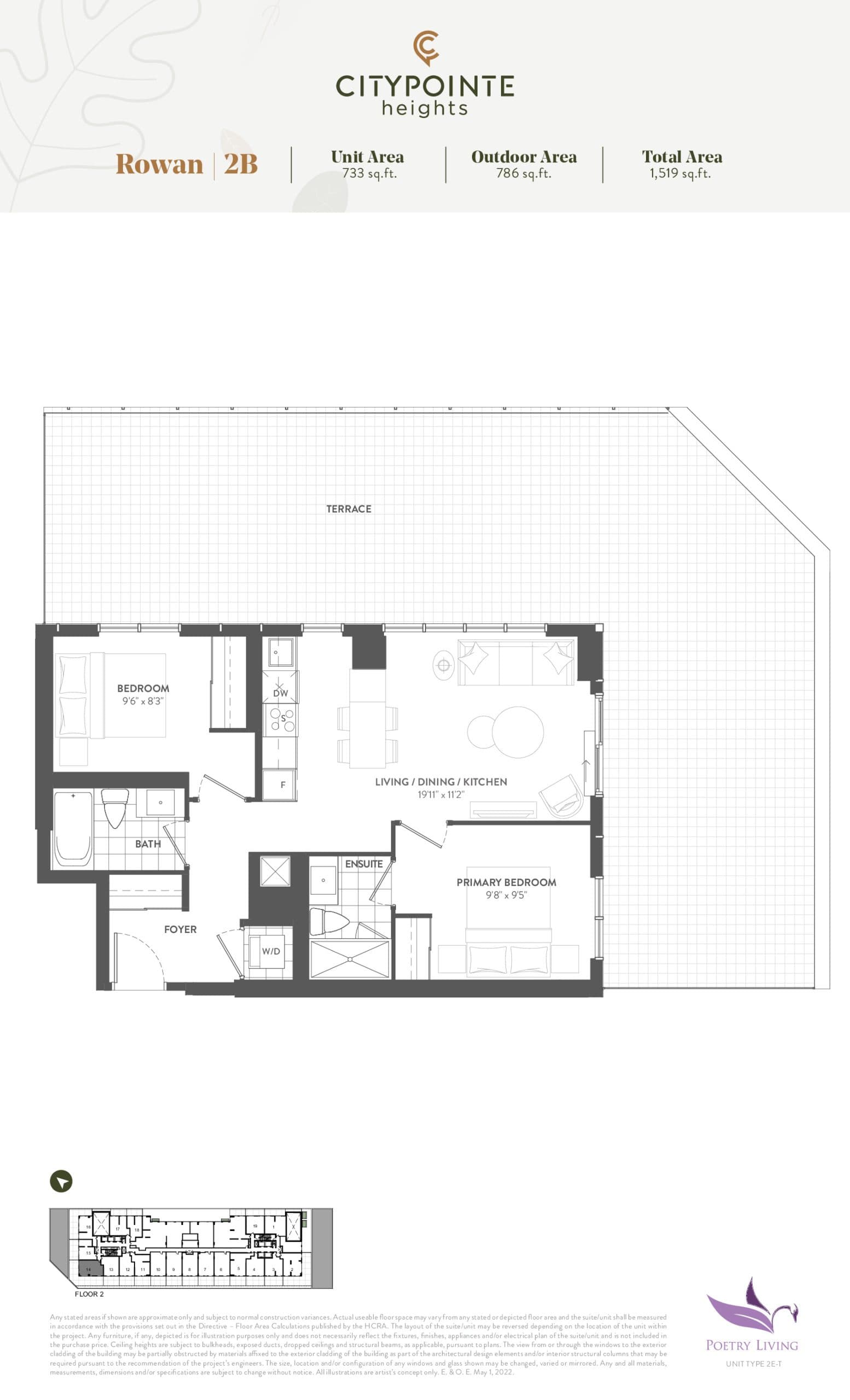 Rowan (Terrace) Floor Plan at CityPointe Heights Condos - 733 sq.ft