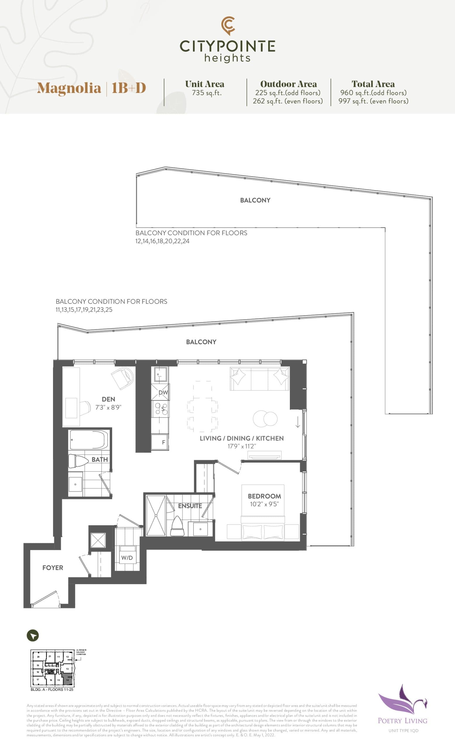 Magnolia (Balcony) Floor Plan at CityPointe Heights Condos - 735 sq.ft